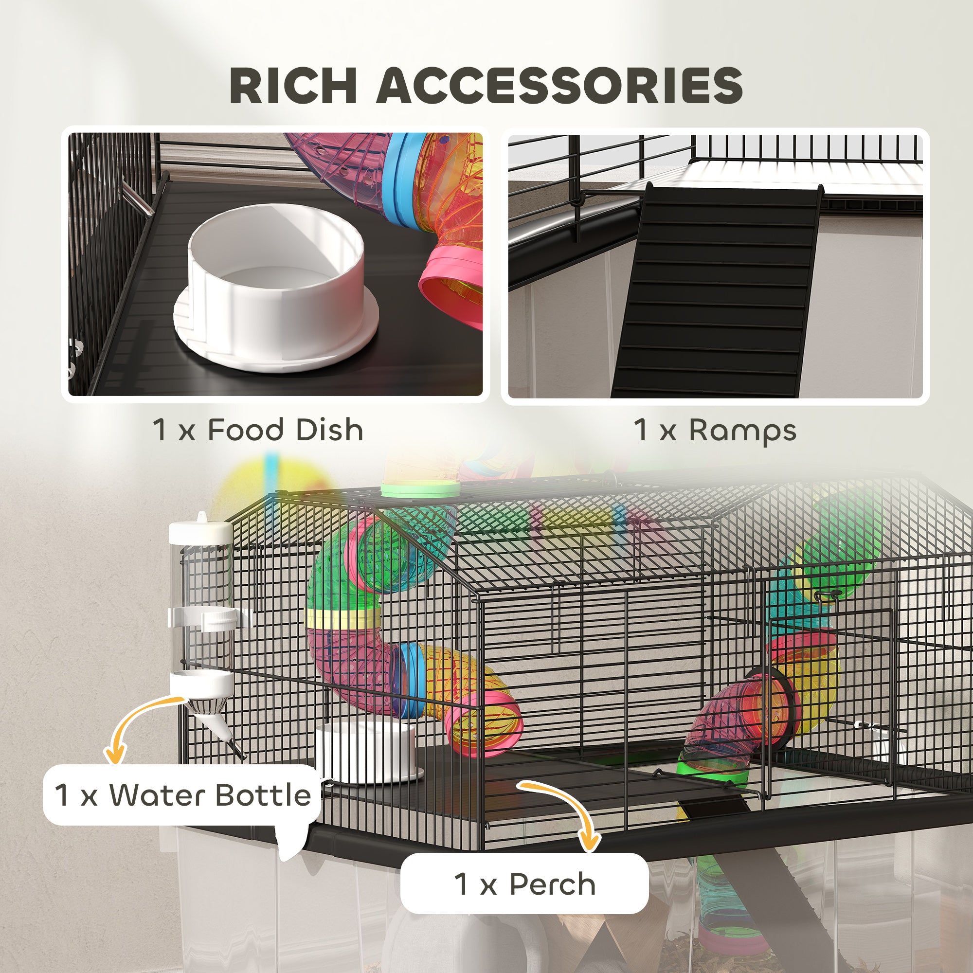 PawHut 2 Tier Hamster Cage with 31cm Deep Tray, Tube System, Water Bottle, Ramp, Feeding Bowl, 58 x 43 x 57cm, Multicolour - North Peak Garden Furniture