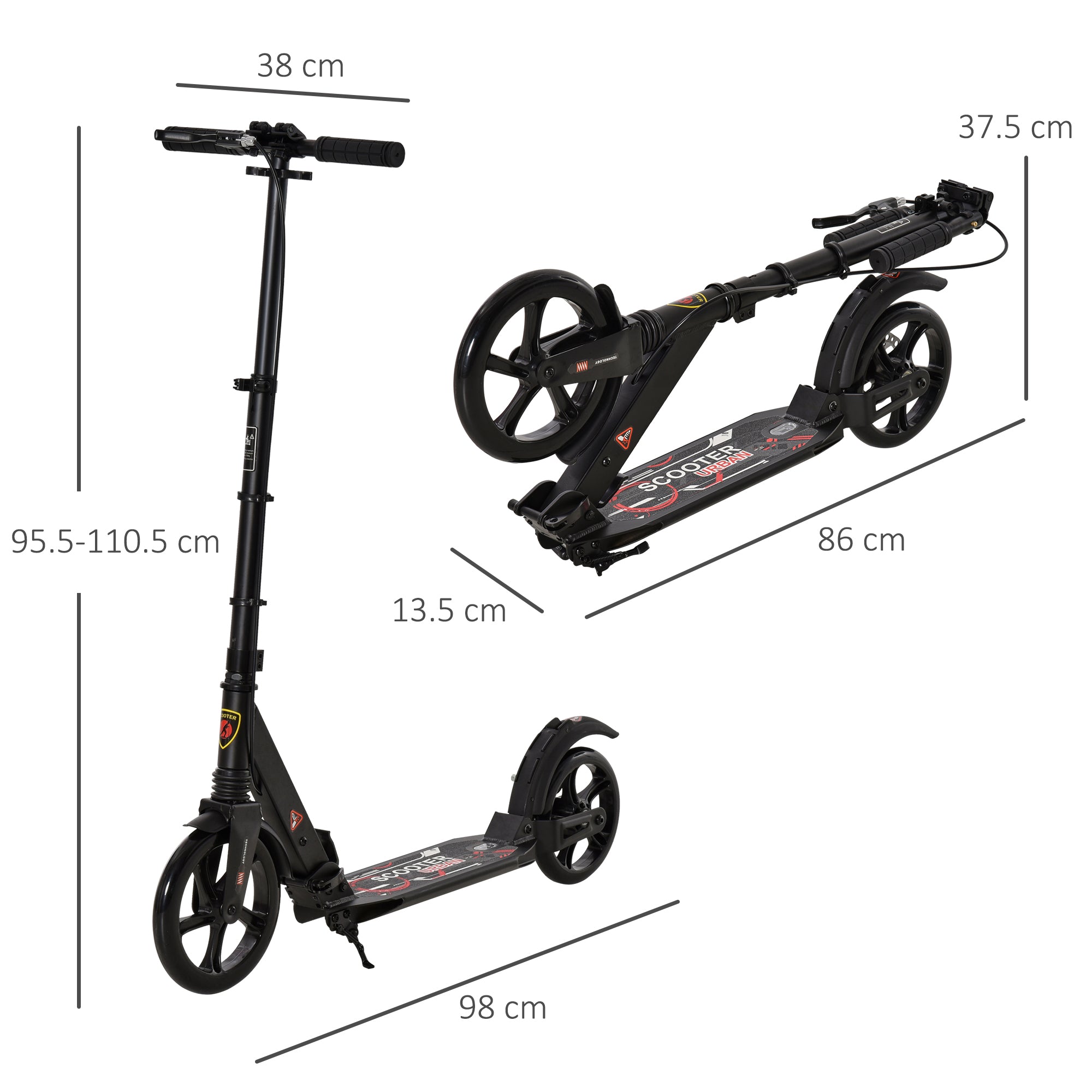 HOMCOM Teens Adult Kick Scooter Foldable Adjustable Aluminum Ride On Toy For 14+ w/ Dual Brake System, Shock Mitigation System - Black 95.5-110.5H CM