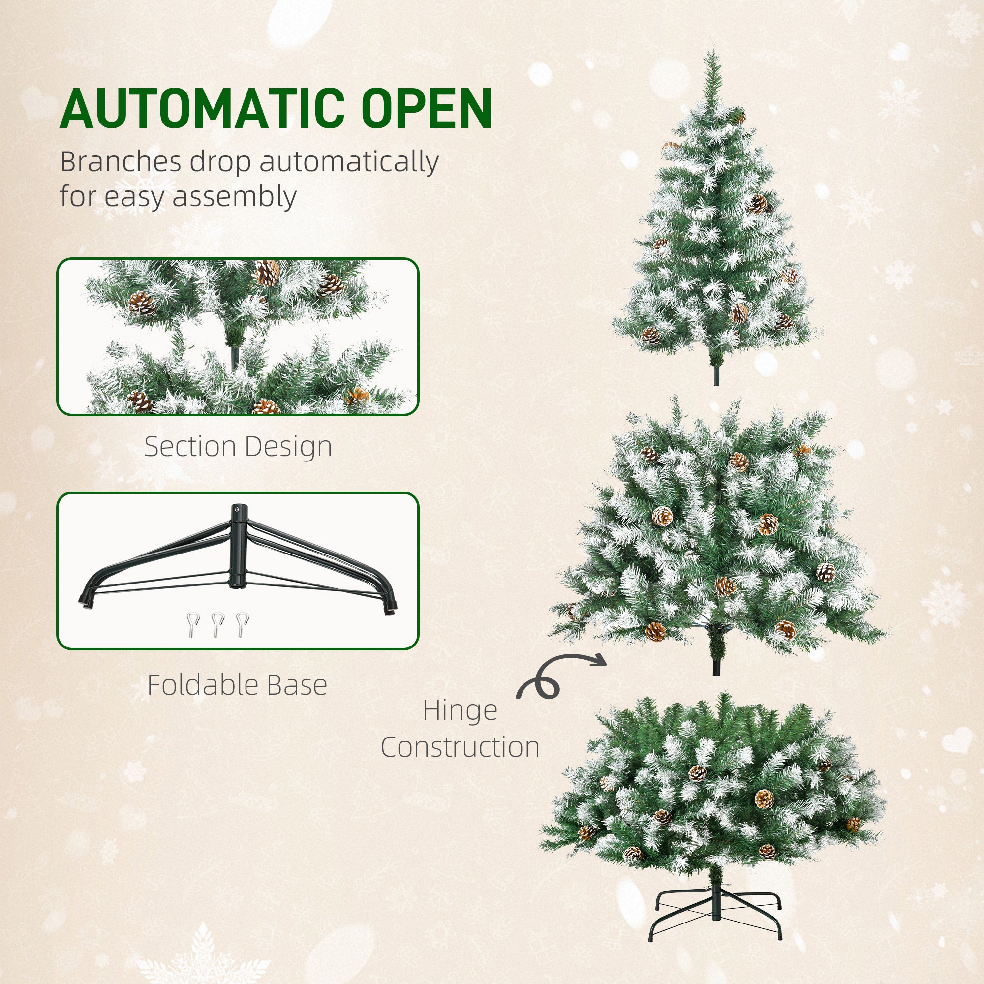 HOMCOM 6FT Artificial Christmas Tree with Pine Cones, Holiday Home Xmas Decoration Automatic Open, Green - North Peak Garden Furniture