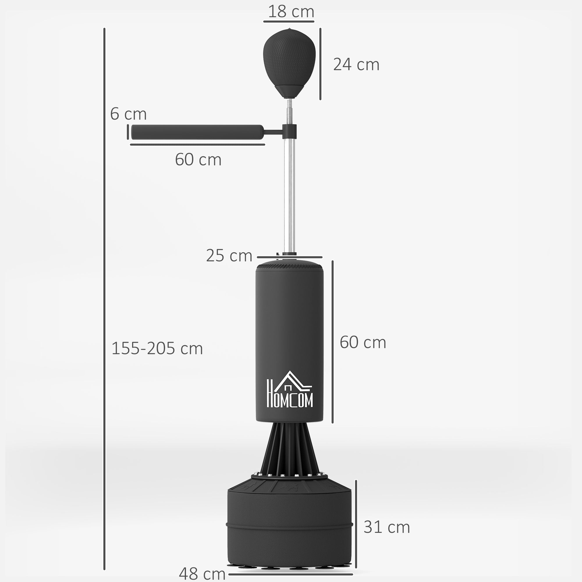 HOMCOM 155-205cm 3-IN-1 Freestanding Boxing Punching Bag Stand, Boxing Speed Trainer with Rotating Flexible Arm, Speed Ball, Fillable Base, Black - North Peak Garden Furniture
