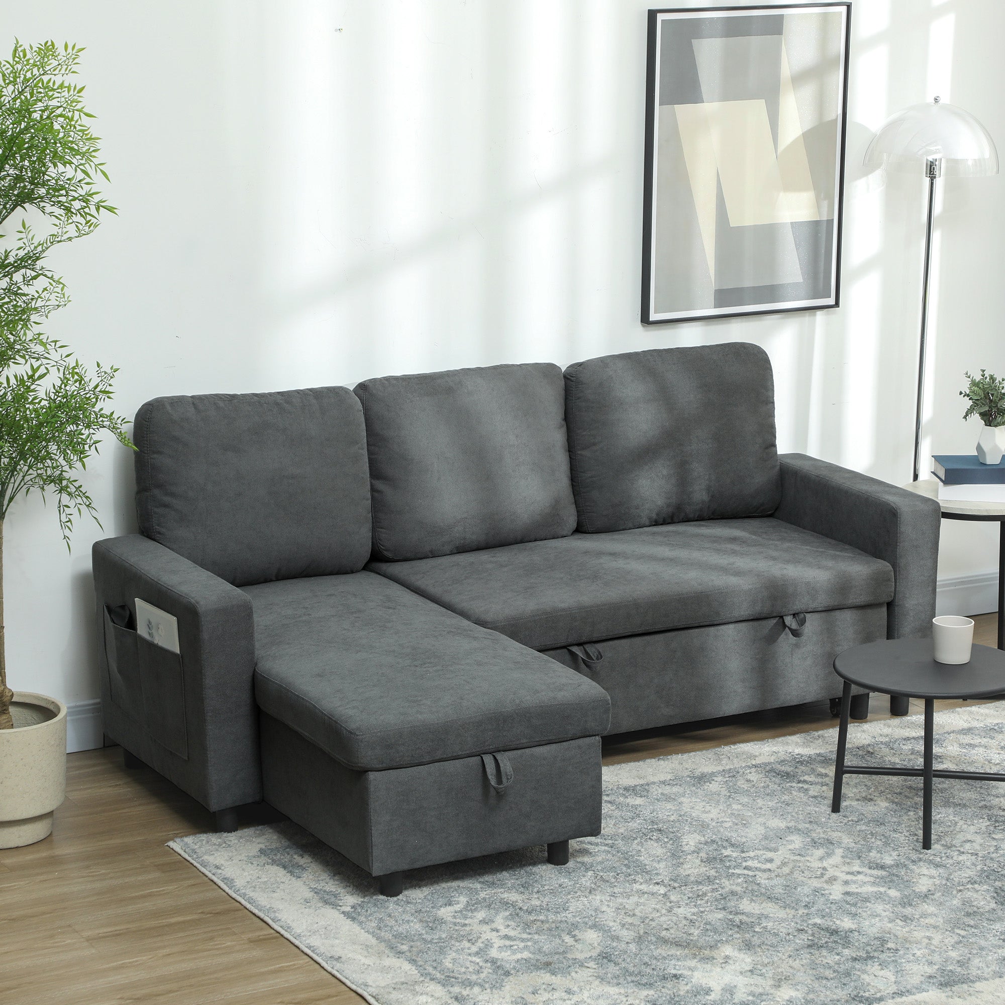HOMCOM L Sofa Bed, with Storage - Charcoal Grey - North Peak Garden Furniture