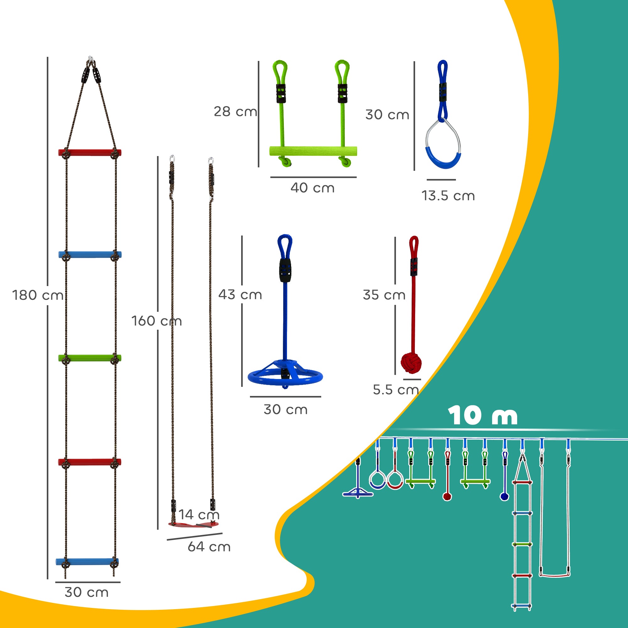 AIYAPLAY 10 Piece Zip Line Kit for Kids with 10m Slackline, Monkey Bars, Swing, Climbing Ladder, Hanging Tray, Metal Rings - North Peak Garden Furniture