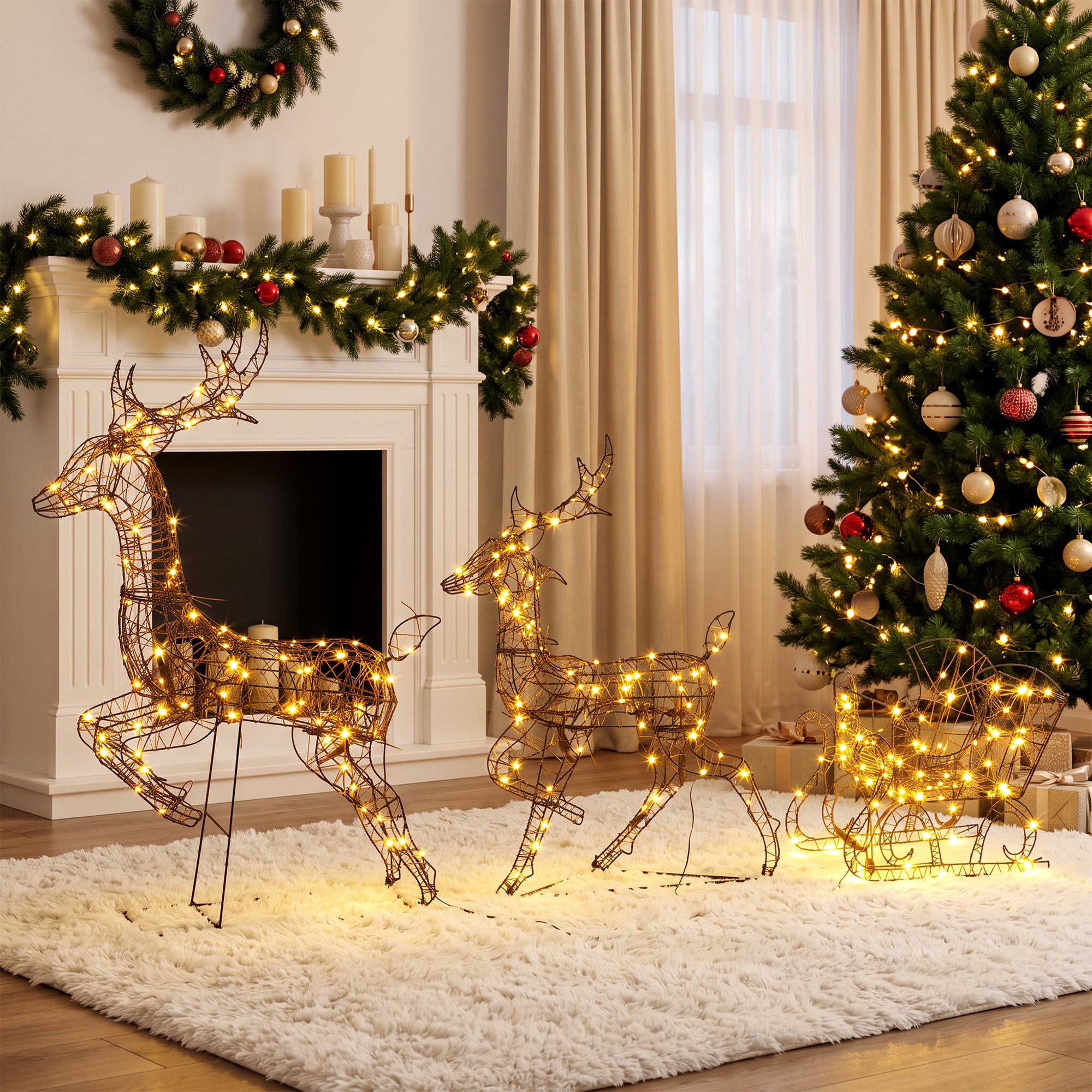 Outsunny 3-Piece Lighted Reindeer and Sleigh Set, PP Rattan Outdoor Christmas Decoration with LEDs, 8 Modes, Daily Timer