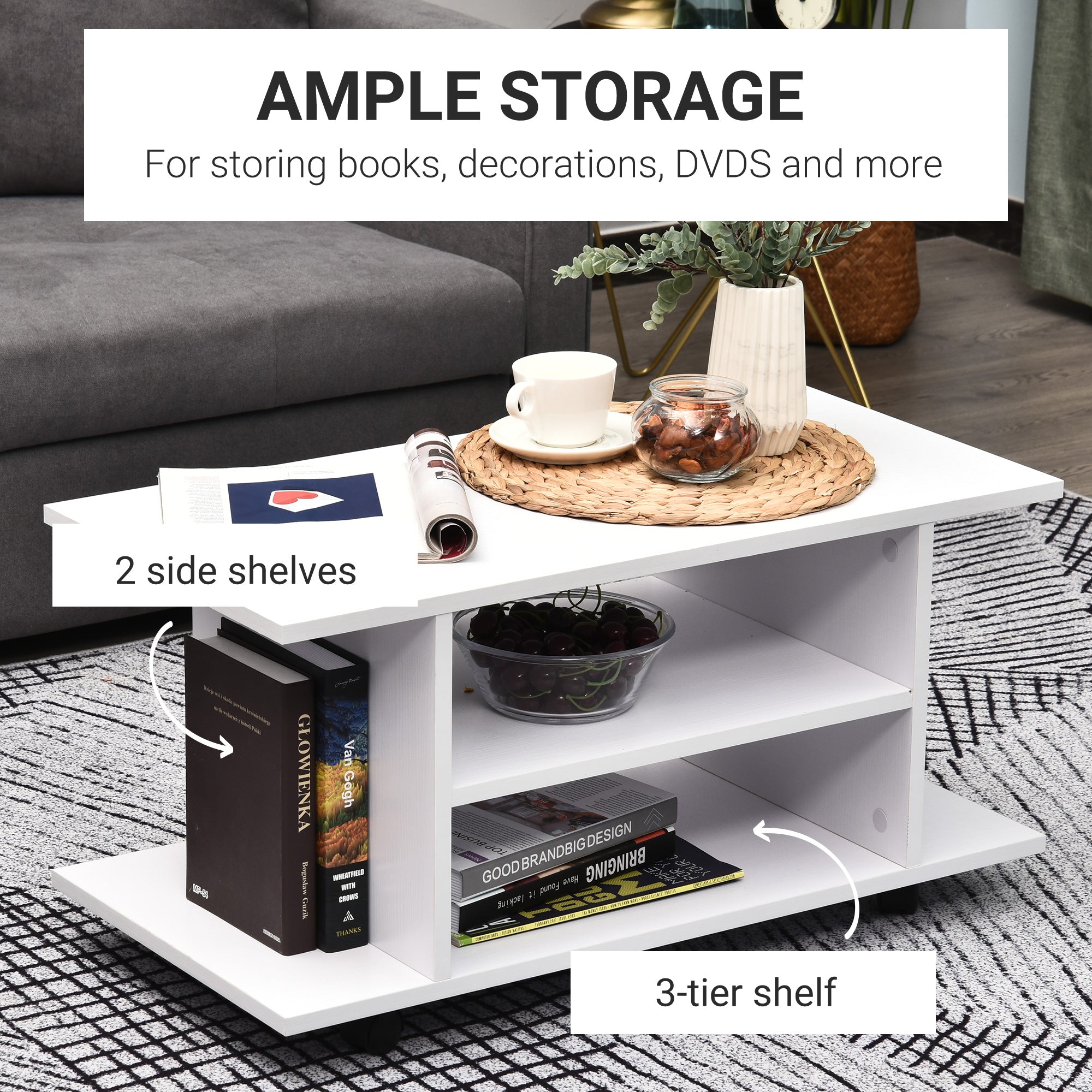 HOMCOM Modern TV Cabinet Stand Storage Shelves Table Mobile Bedroom Furniture Bookshelf Bookcase White - North Peak Garden Furniture