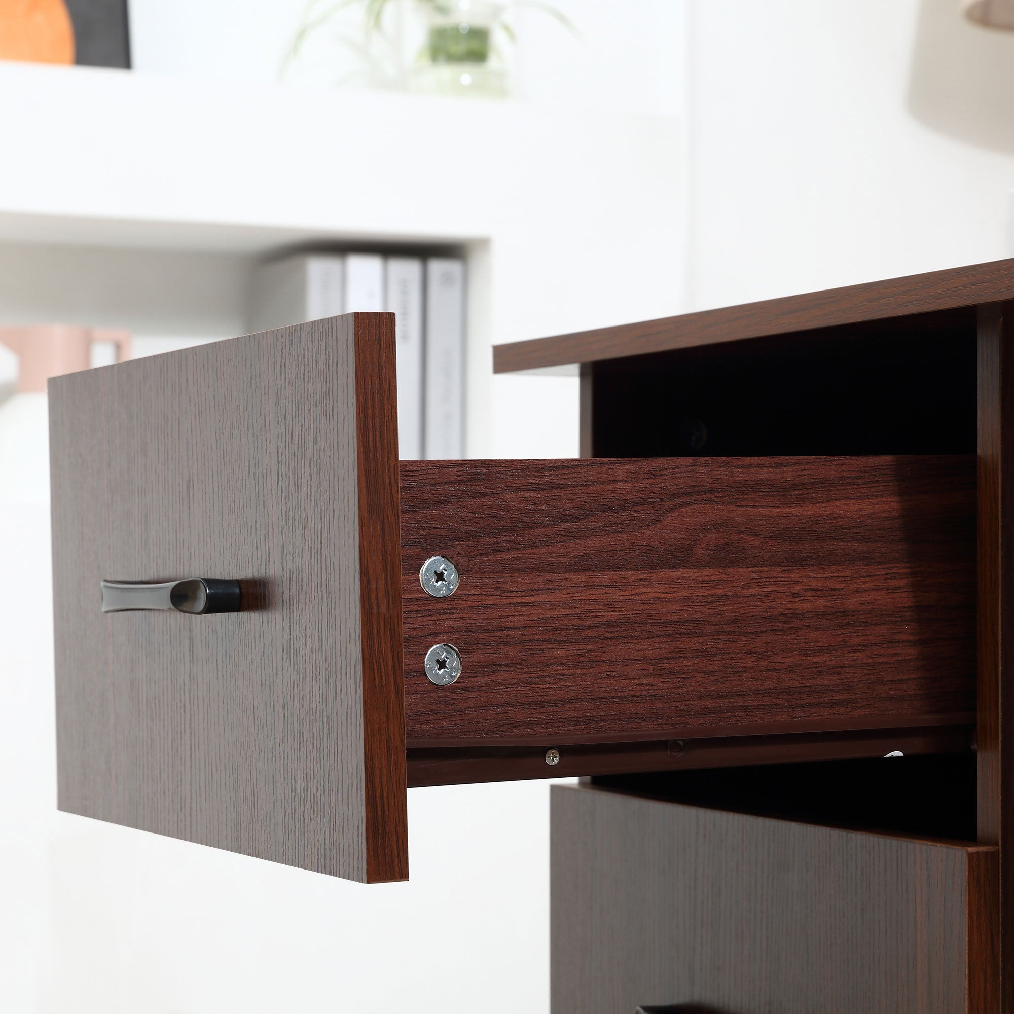 HOMCOM Computer Desk, Writing Table, PC Workstation with 3 Storage Shelves and Drawers, Black Handle, for Home Office, Walnut Brown - North Peak Garden Furniture