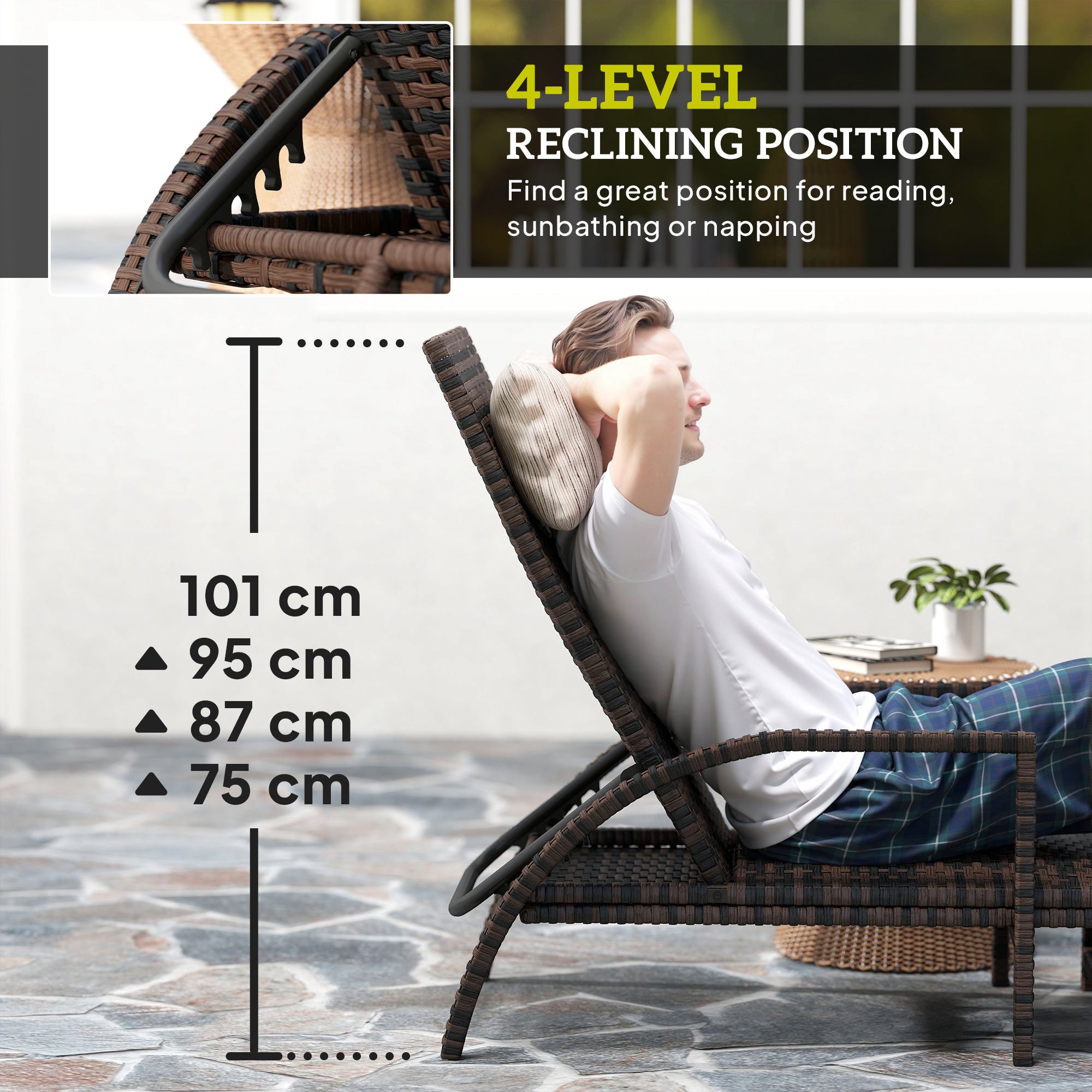 Outsunny PE Rattan Sun Lounger with Adjustable Backrest - Mixed-brown - North Peak Garden Furniture