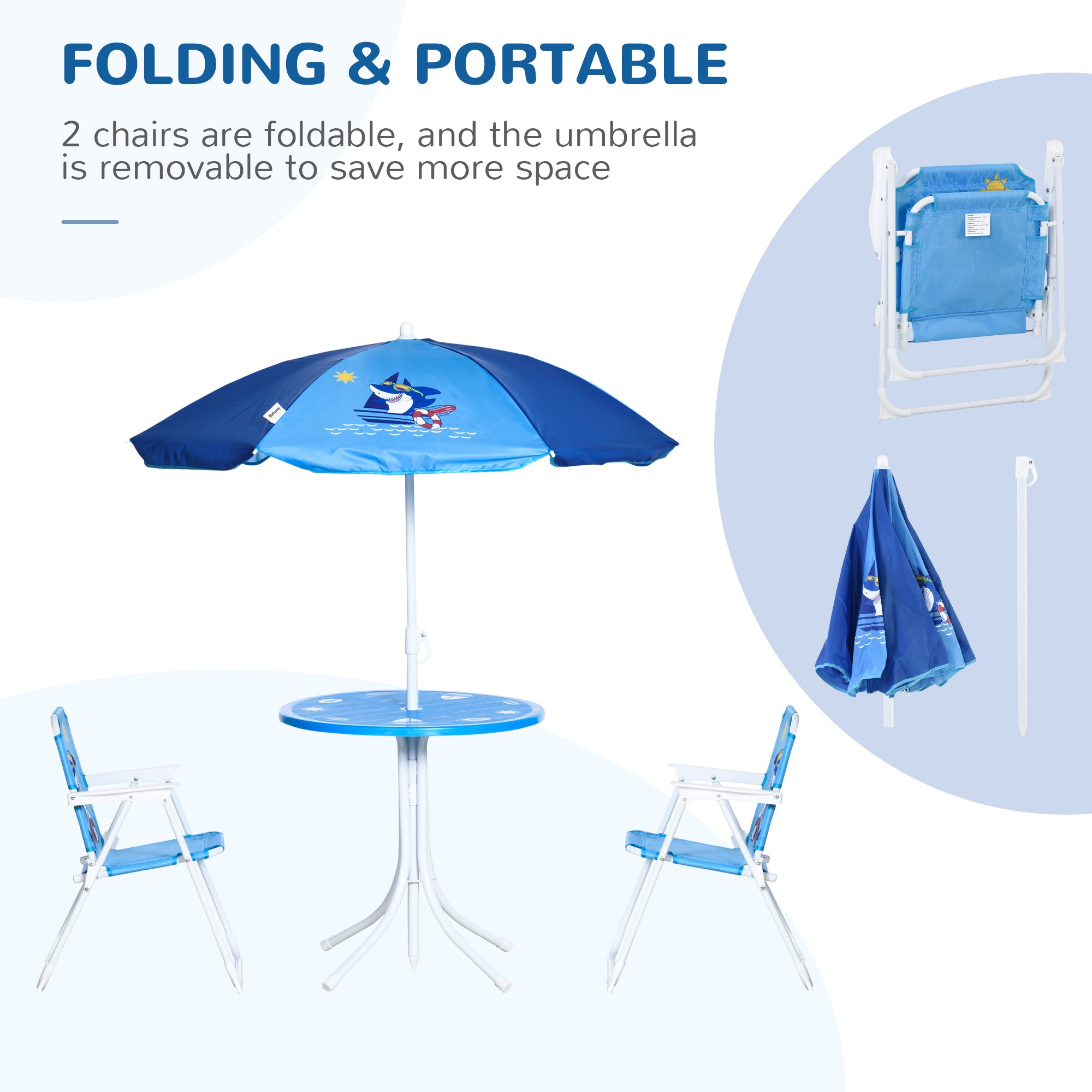 Outsunny Kids Outdoor Bistro Table and Chair Set, Folding Garden Furniture w/ Shark Design, Removable, Adjustable Sun Umbrella, Ages 3-6 Years - Blue - North Peak Garden Furniture
