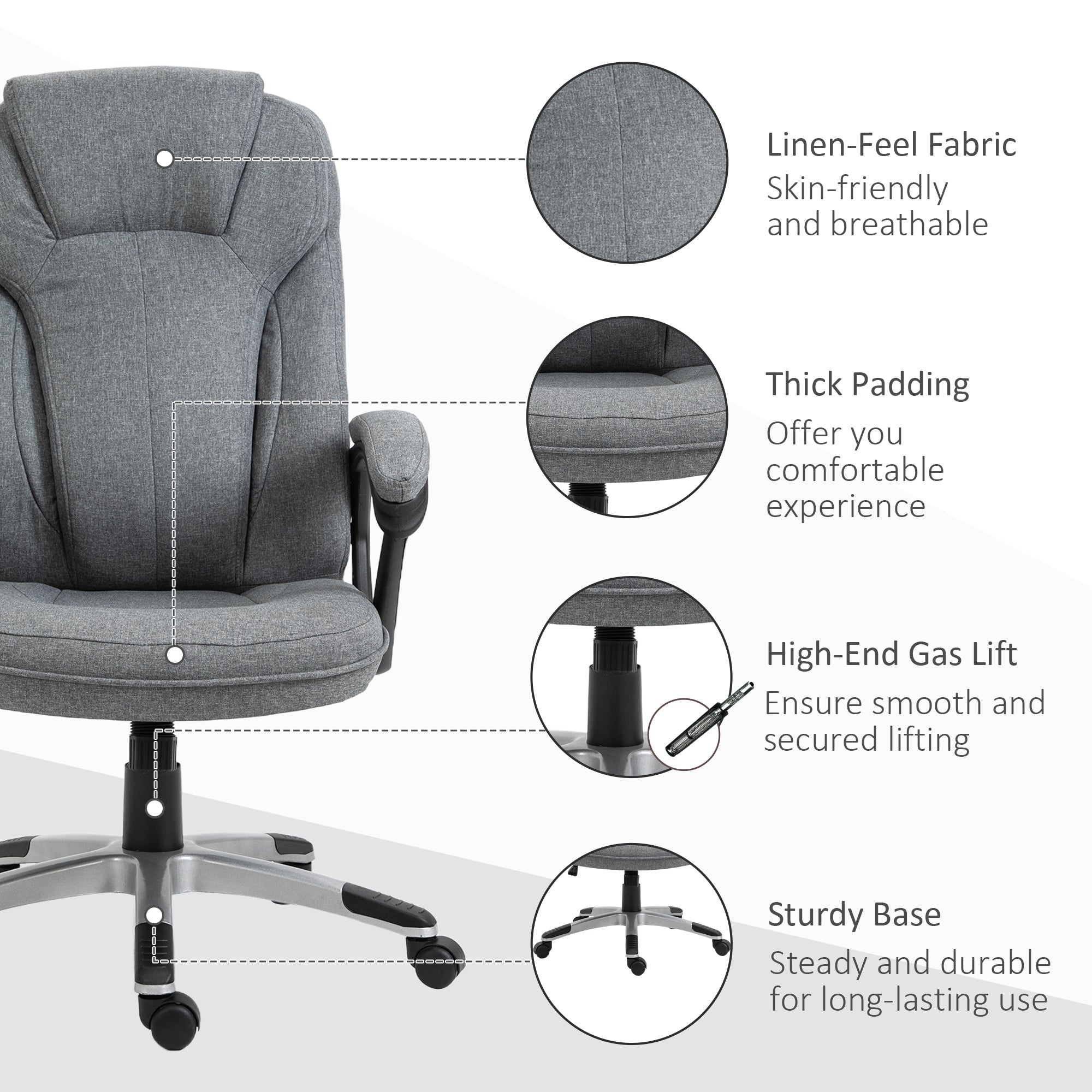 Vinsetto Office Chair, Linen Fabric Desk Chair, Height Adjustable Computer Chair with Padded Armrests, Swivel Wheels and Tilt Function, Grey - North Peak Garden Furniture