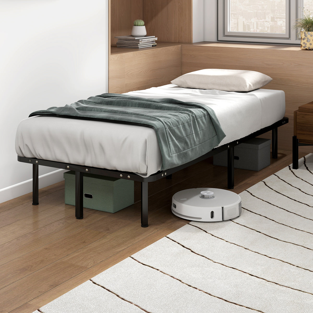 HOMCOM 3ft Single Bed Frame, Metal Platform Bed Frame with 2 x 14 Wood Slats, No Box Spring Needed, Underbed Storage, Black