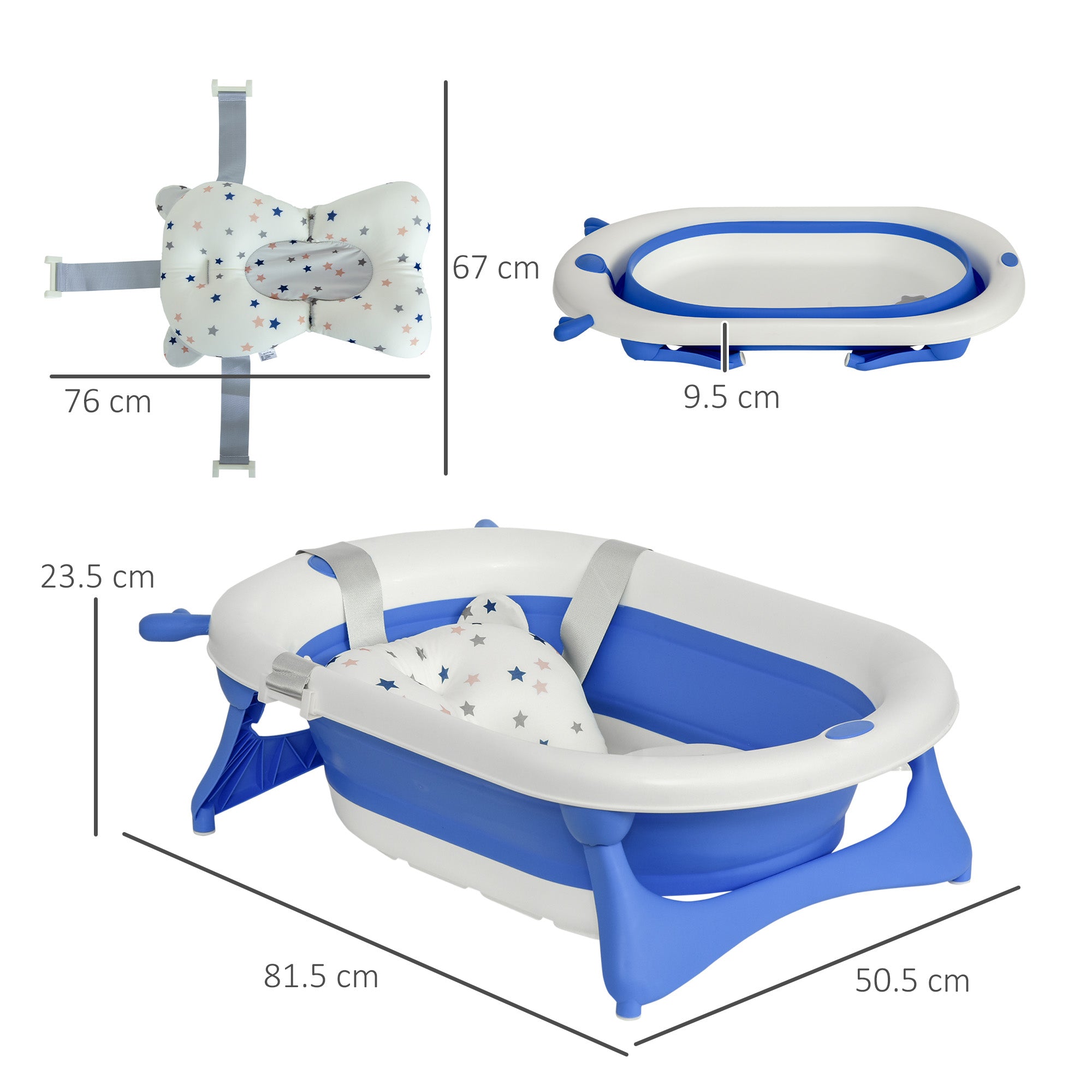 HOMCOM Foldable Baby Bathtub Set, Collapsible Bath Tub with Thermostatic Water Plug, Non-Slip Support, Cushion Pad, Drain Plugs, for Newborn to 3 Years - Blue - North Peak Garden Furniture