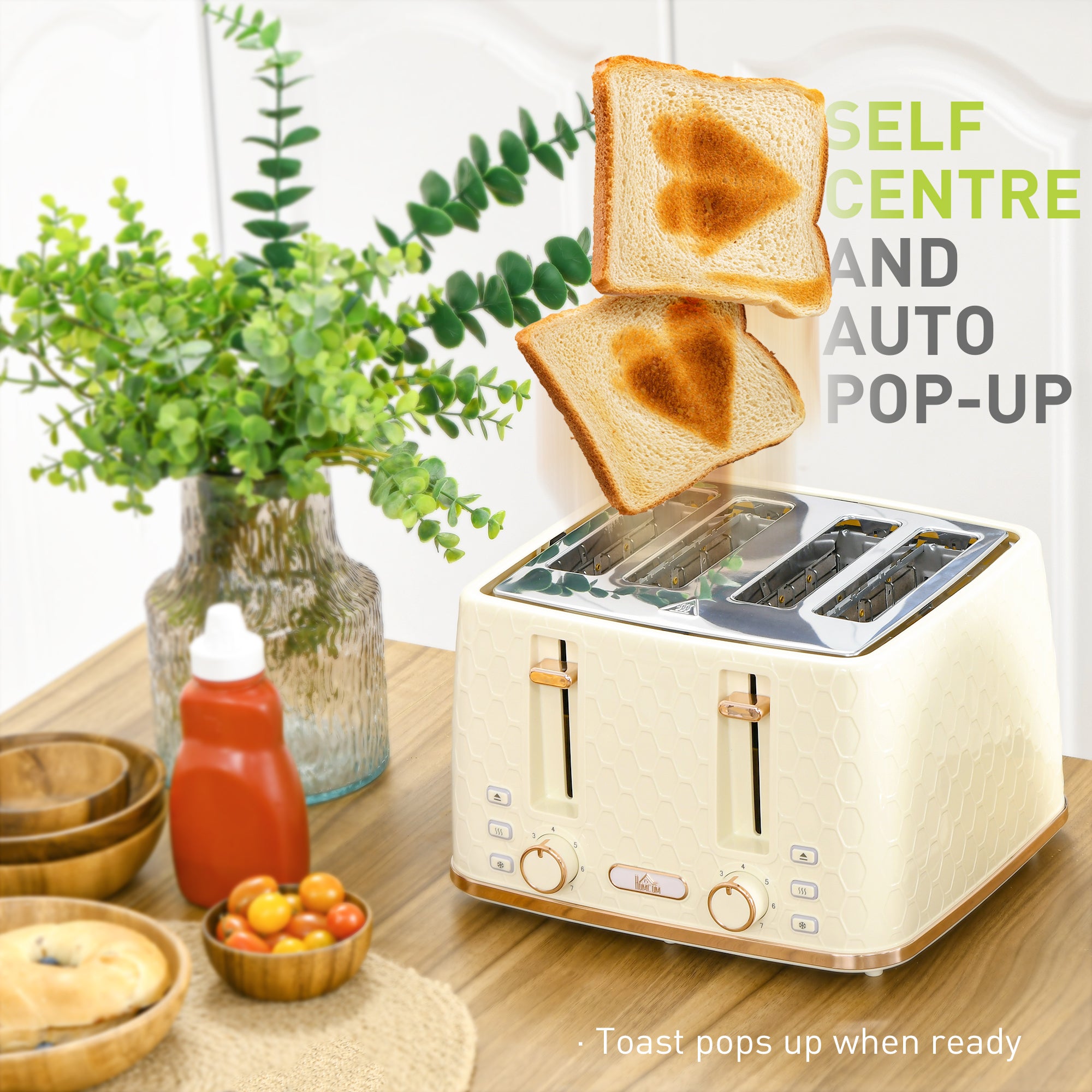 HOMCOM Kettle and Toaster Set, 1.7L 3000W Fast Boil Jug Kettle with Auto Shut Off, 4 Slice Toaster with 7 Level Browning Controls & Crumb Tray, Beige - North Peak Garden Furniture