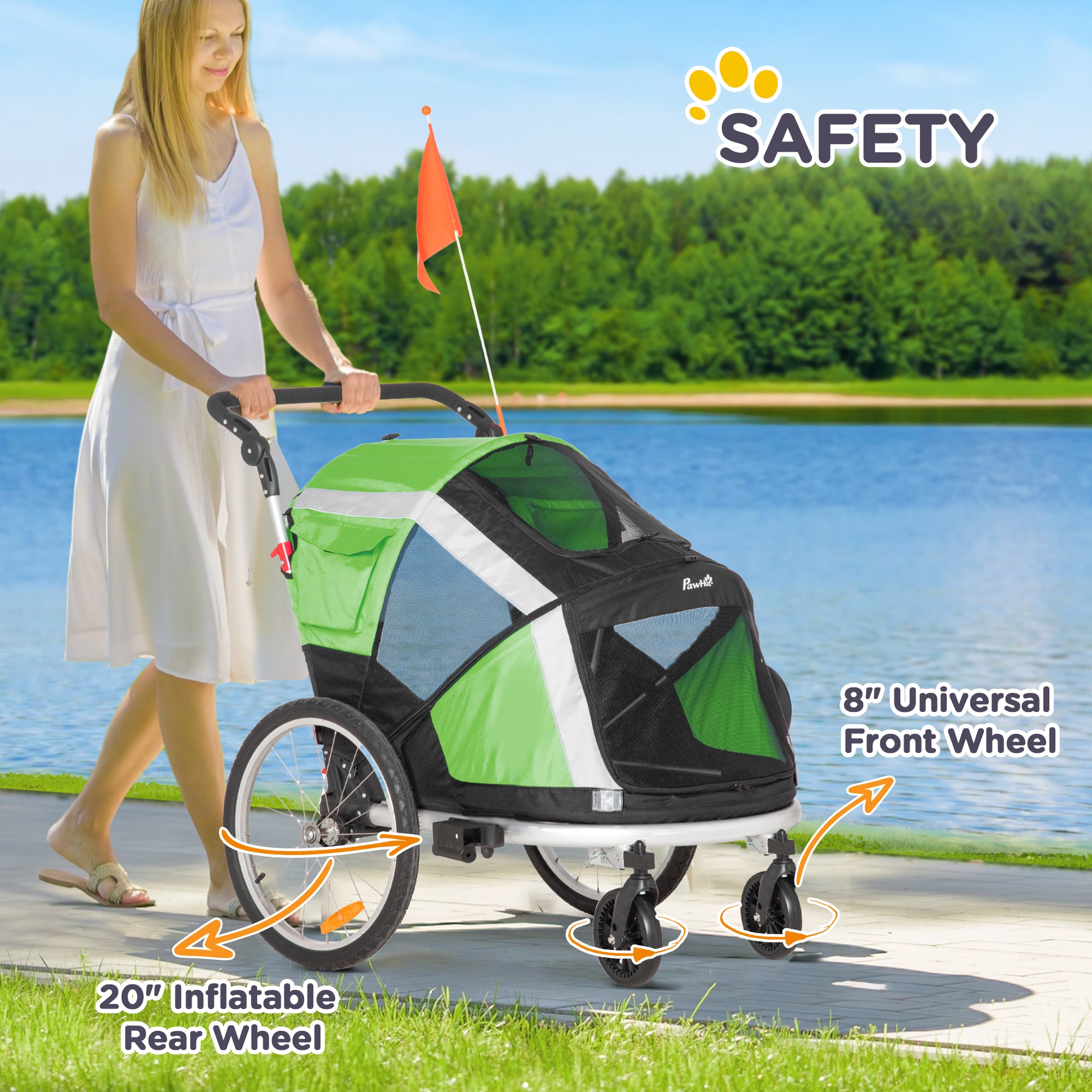 PawHut Dog Bike Trailer 2-in-1 Pet Stroller for Large Dogs Cart Foldable Bicycle Carrier Aluminium Frame with Safety Leash Hitch Coupler Reflector Flag Orange - North Peak Garden Furniture