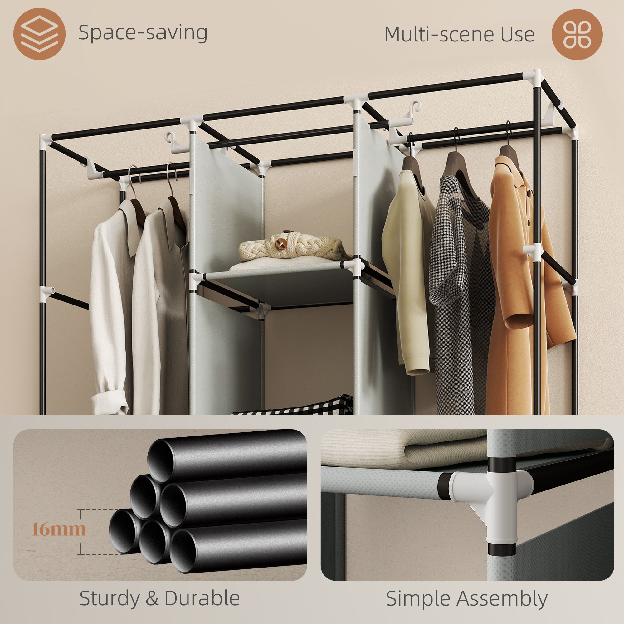 HOMCOM Fabric Wardrobe for Bedroom, Portable Wardrobe with 5 Shelves, 2 Hanging Rails and 3 Fabric Drawers, Foldable Closet, 125 x 43 x 162.5cm, Light Grey - North Peak Garden Furniture