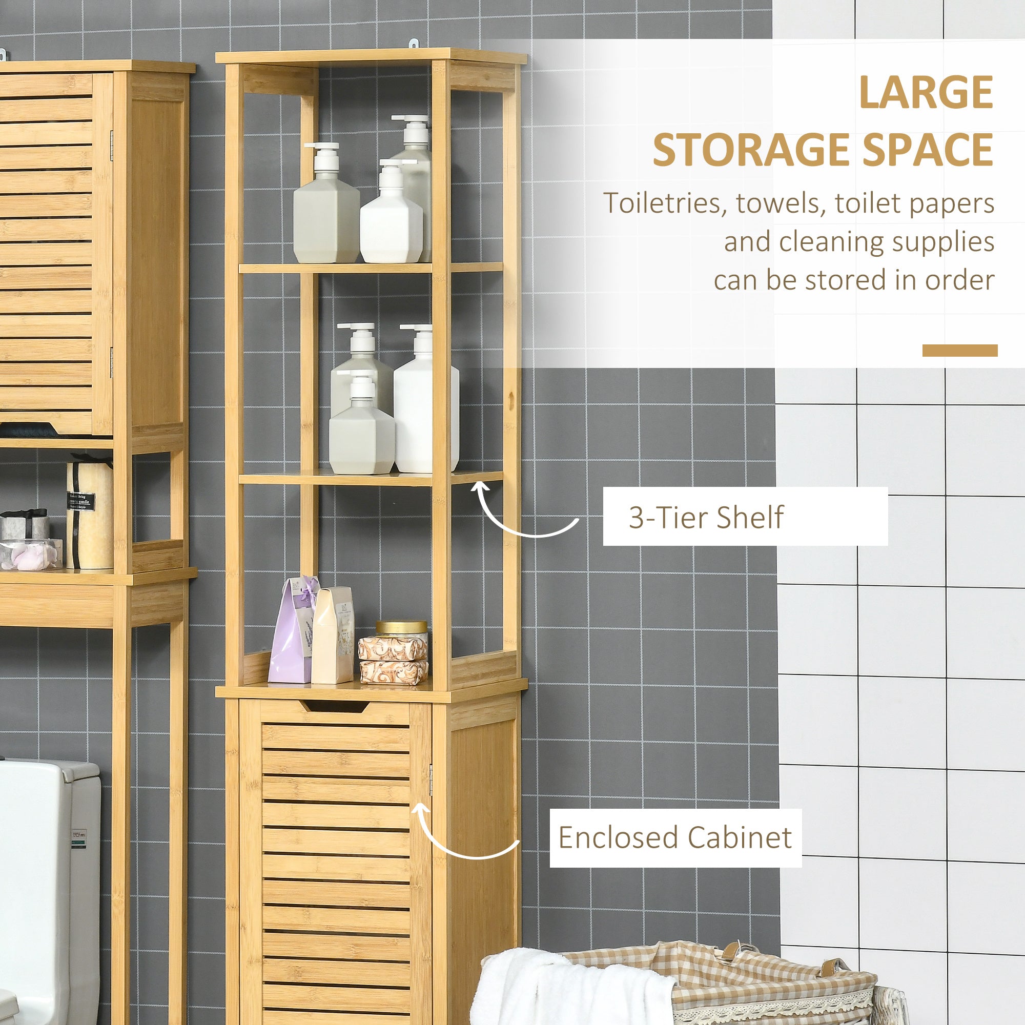 kleankin Bathroom Floor Cabinet with 3 Shelves, Slim Storage Cupboard and Freestanding Organiser, Natural