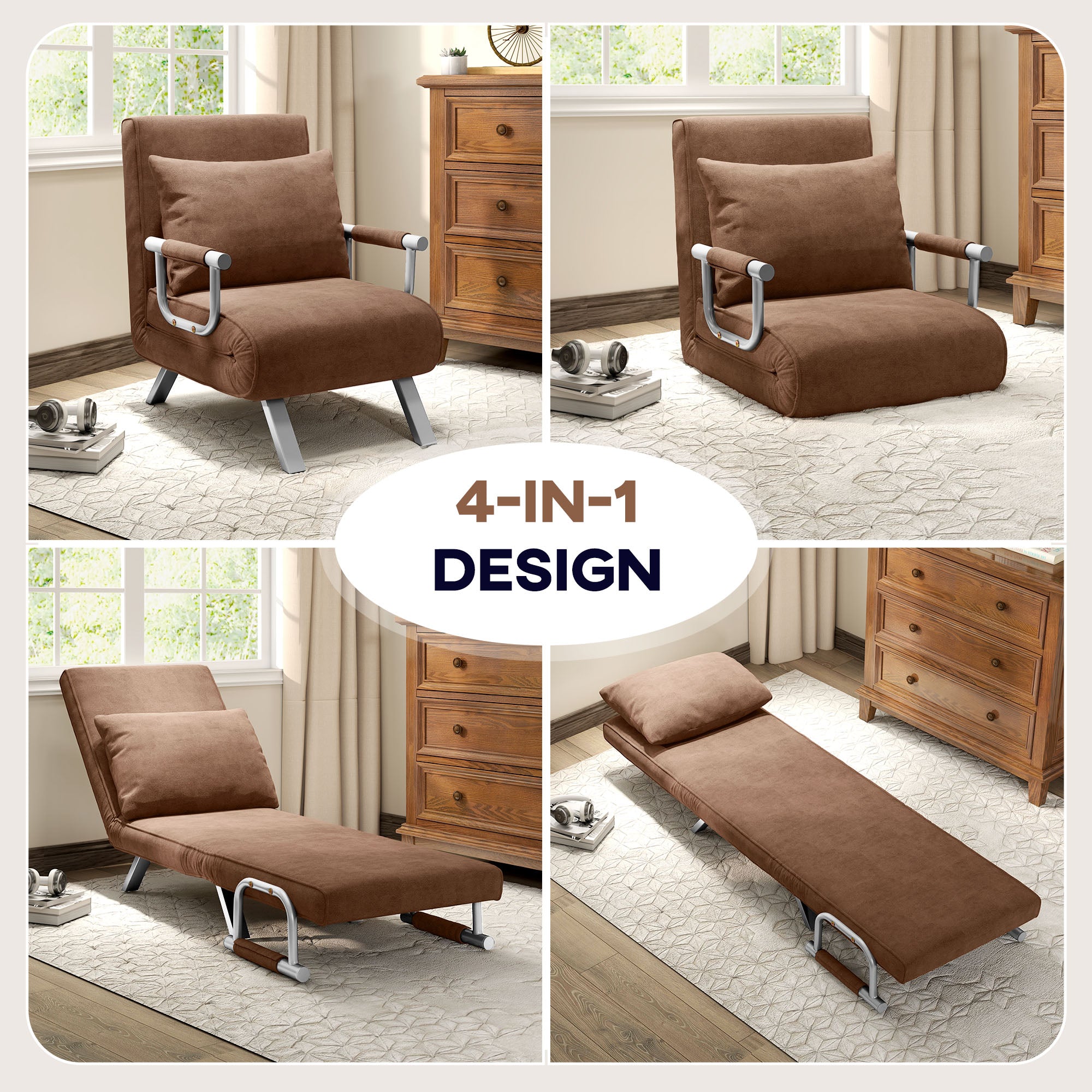 HOMCOM 4-in-1 Faux Suede Chair Bed - Coffee - North Peak Garden Furniture