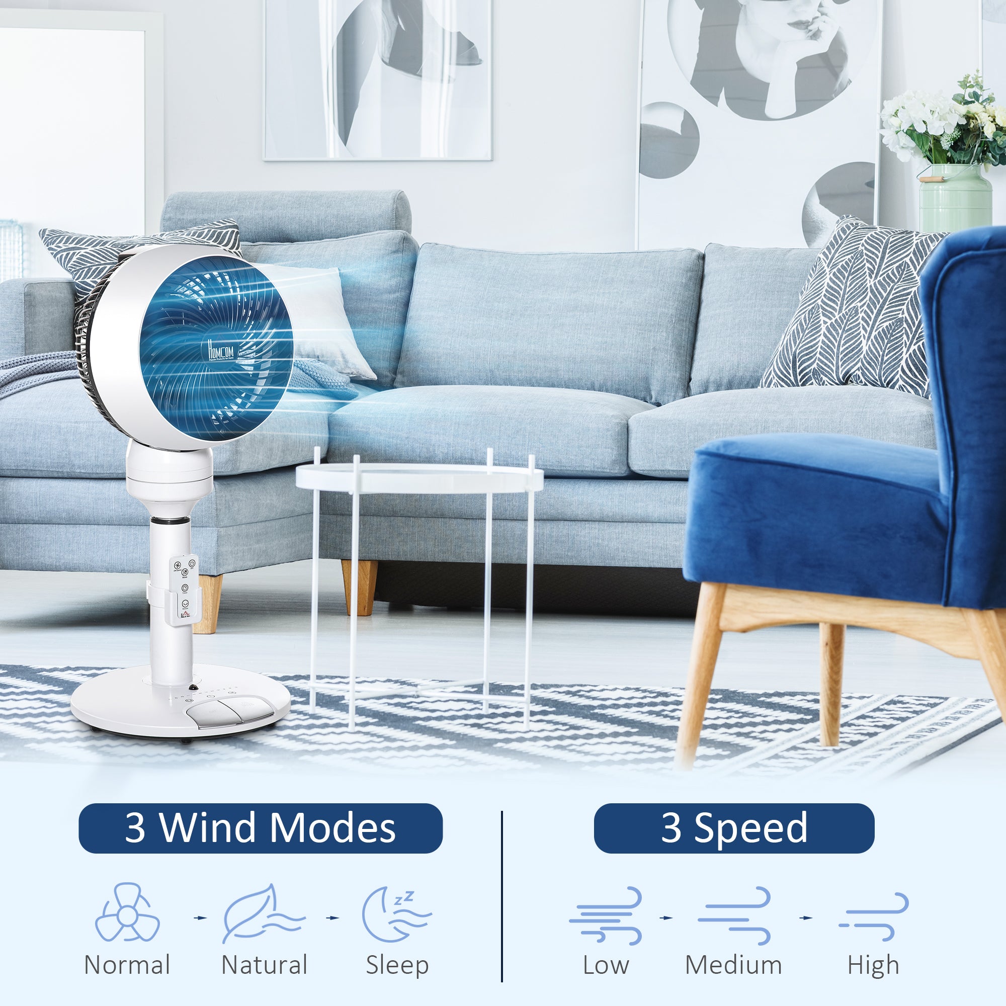 HOMCOM 9'' Air Circulator Fan 3 Speed 3 Mode, 70° Oscillation 90° Vertical Tilt, Height Adjustable, Remote Controller, for Living Room, Bedroom, Office, Black and White - North Peak Garden Furniture
