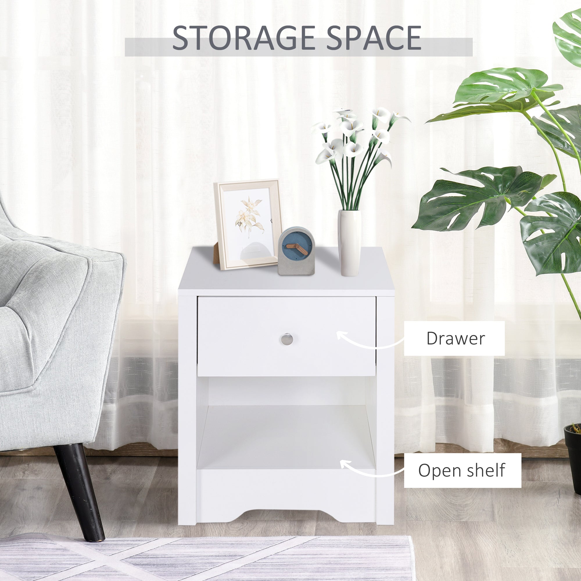 HOMCOM Modern Bedside Table, Nightstand with Drawer Shelf, End Table for Living room, Bedroom White - North Peak Garden Furniture