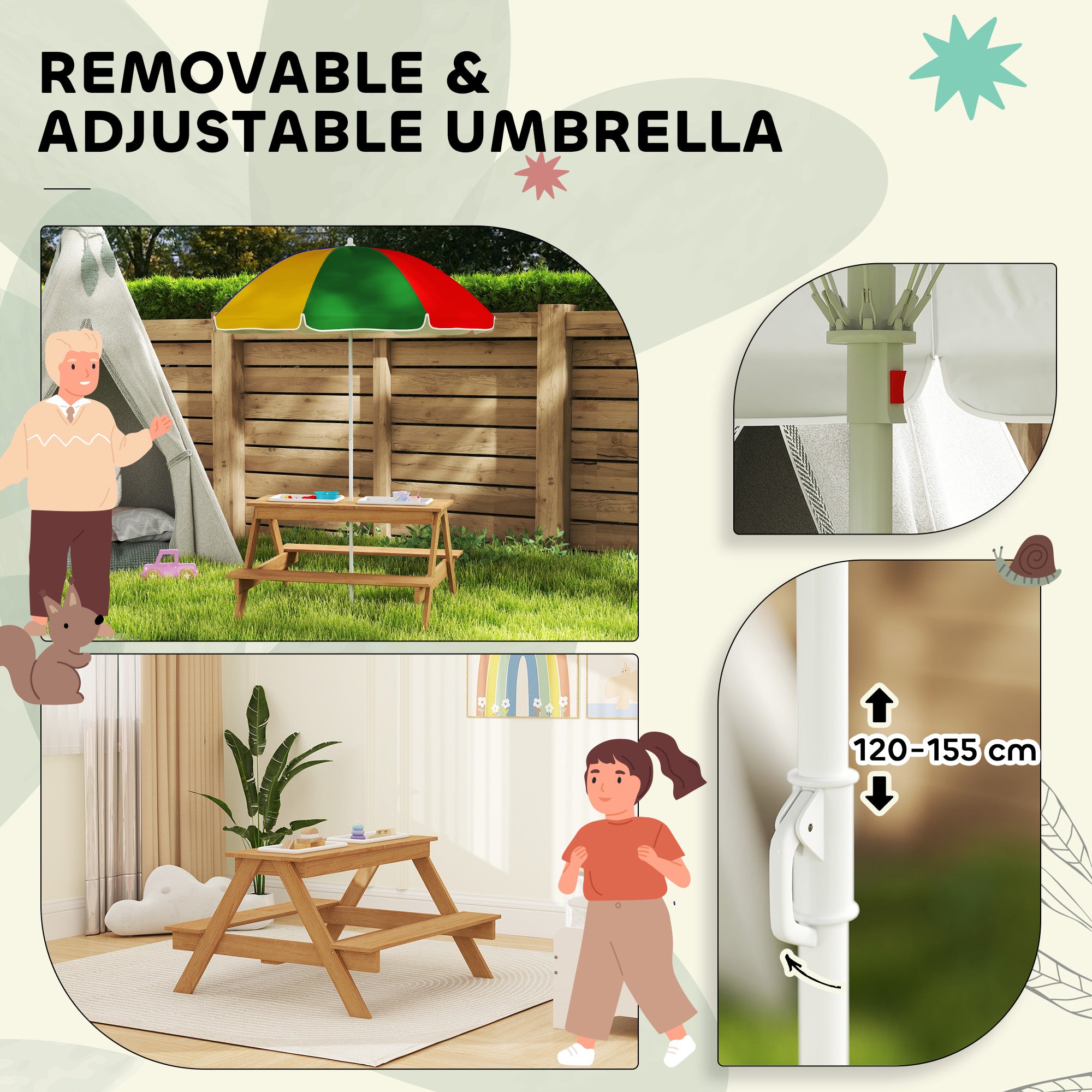 AIYAPLAY Kids Picnic Table, Sand and Water Table with Wooden Benches, Adjustable Parasol and Storage Bins, Multicolour - North Peak Garden Furniture