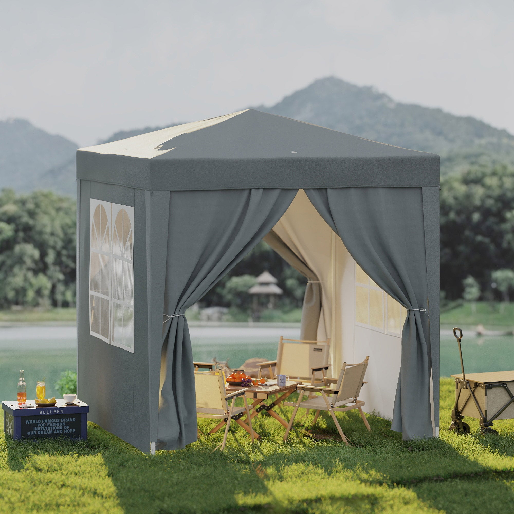 Outsunny Garden Pop Up Gazebo Marquee Party Tent Canopy with free Carrying Case, Removable 2 Walls, 2 Windows, 2m x 2m, Grey - North Peak Garden Furniture