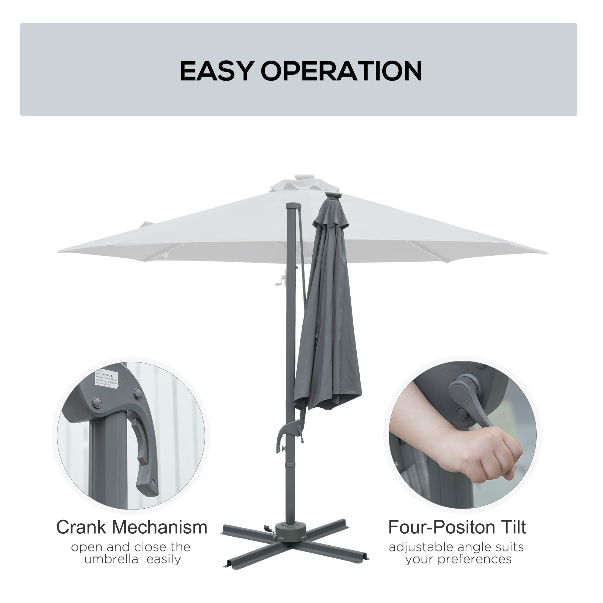 Outsunny 3(m) Cantilever Roma Parasol Patio Sun Umbrella with Crank & Tilt LED Solar Light Cross Base 360° Rotating Outdoor, Dark Grey - North Peak Garden Furniture
