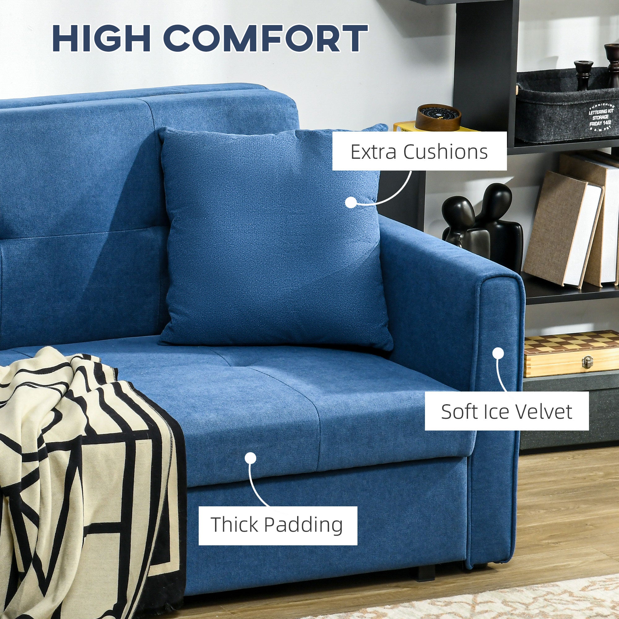 HOMCOM 2 Seater Sofa Bed, Convertible Bed Settee, Modern Fabric Loveseat Sofa Couch with 2 Cushions, Hidden Storage for Living Room, Guest Room, Deep Blue