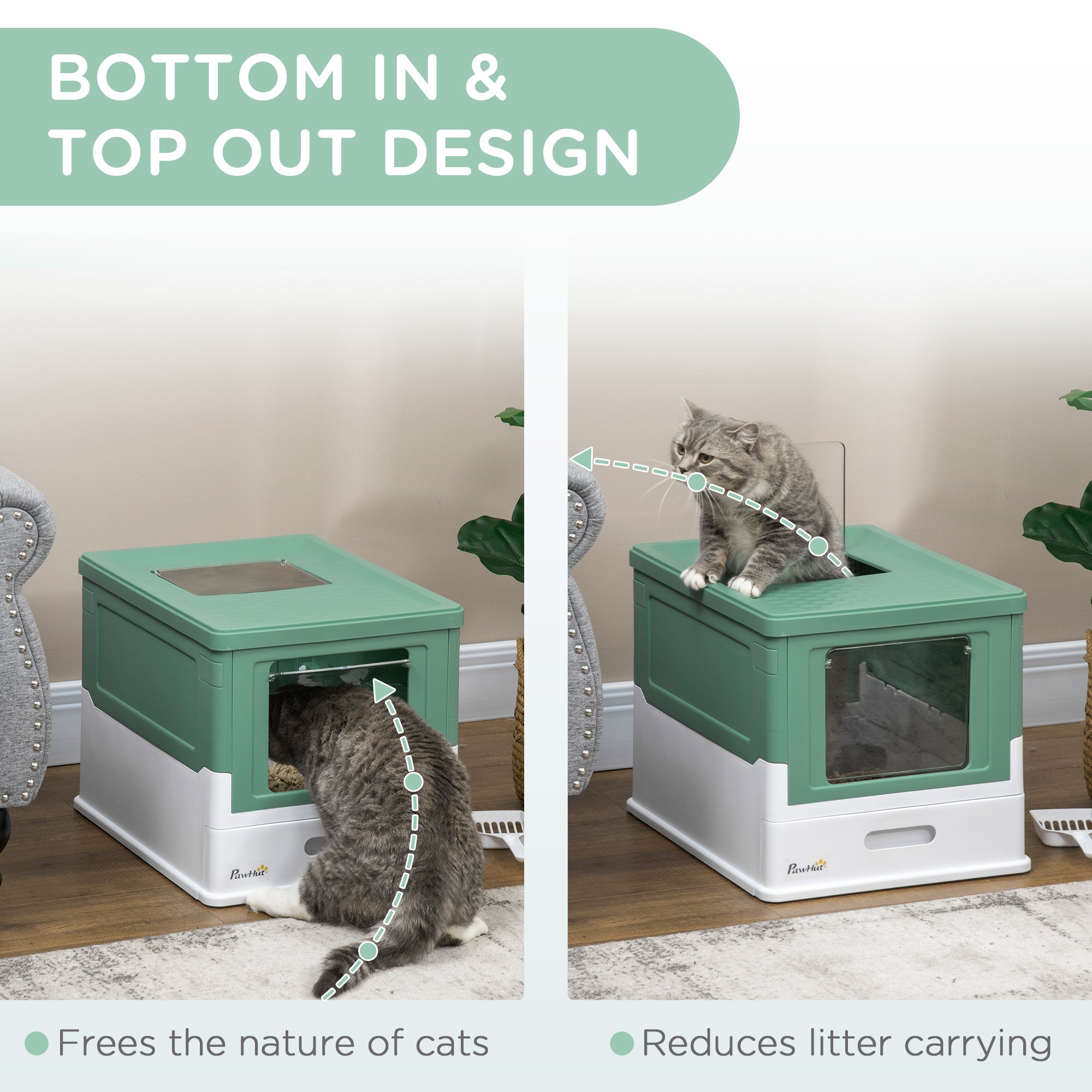 PawHut Hooded Cat Litter Box, Portable Pet Toilet, with Scoop, Front Entry - Green - North Peak Garden Furniture