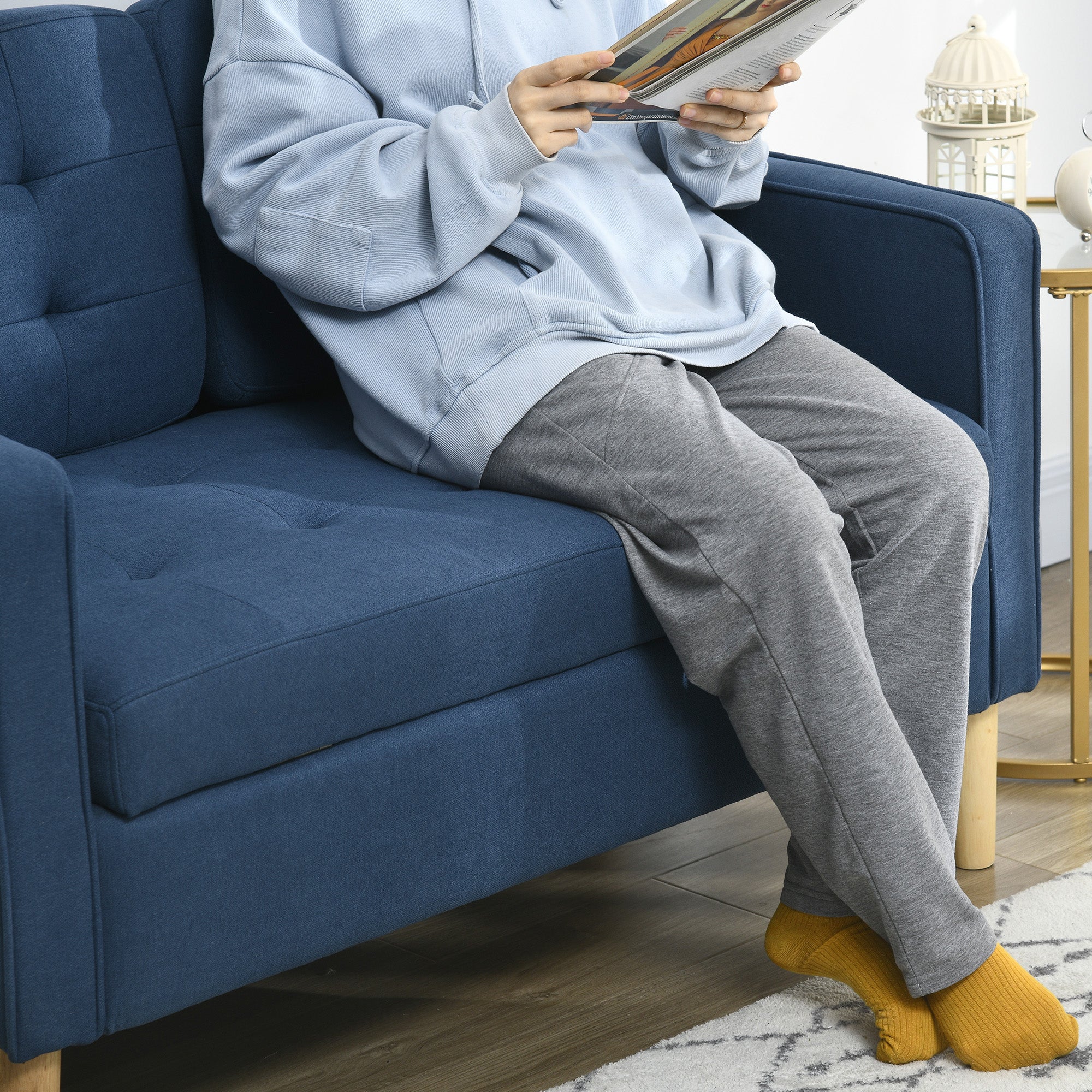HOMCOM Modern Loveseat Sofa, Compact 2 Seater Sofa with Hidden Storage, 117cm Tufted Cotton Couch with Wood Legs, Blue - North Peak Garden Furniture