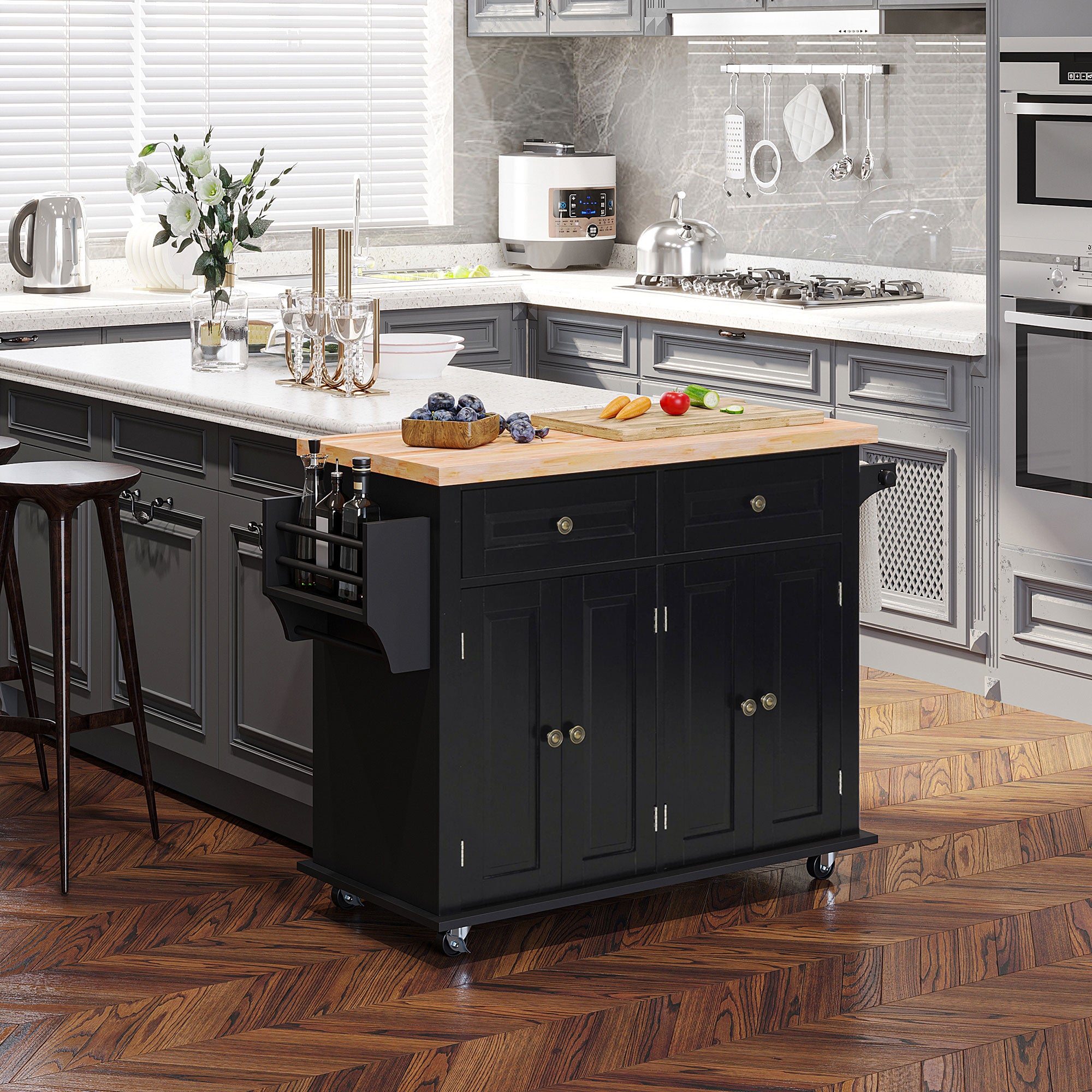 HOMCOM Rolling Kitchen Island Storage Trolley with Rubber Wood Top & Drawers for Dining Room, Black - North Peak Garden Furniture