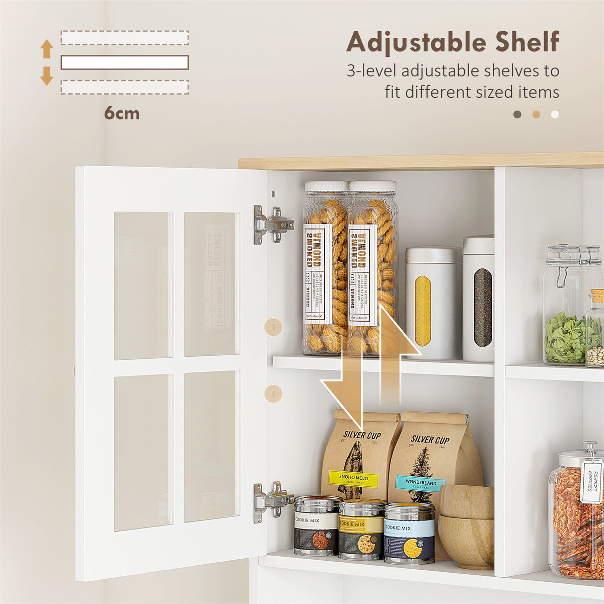 HOMCOM Freestanding Kitchen Cupboard, Tall Storage Cabinet with Doors and Adjustable Shelves, Counter Top, Grid Glass Doors, 80L x 37W x 183H cm - White