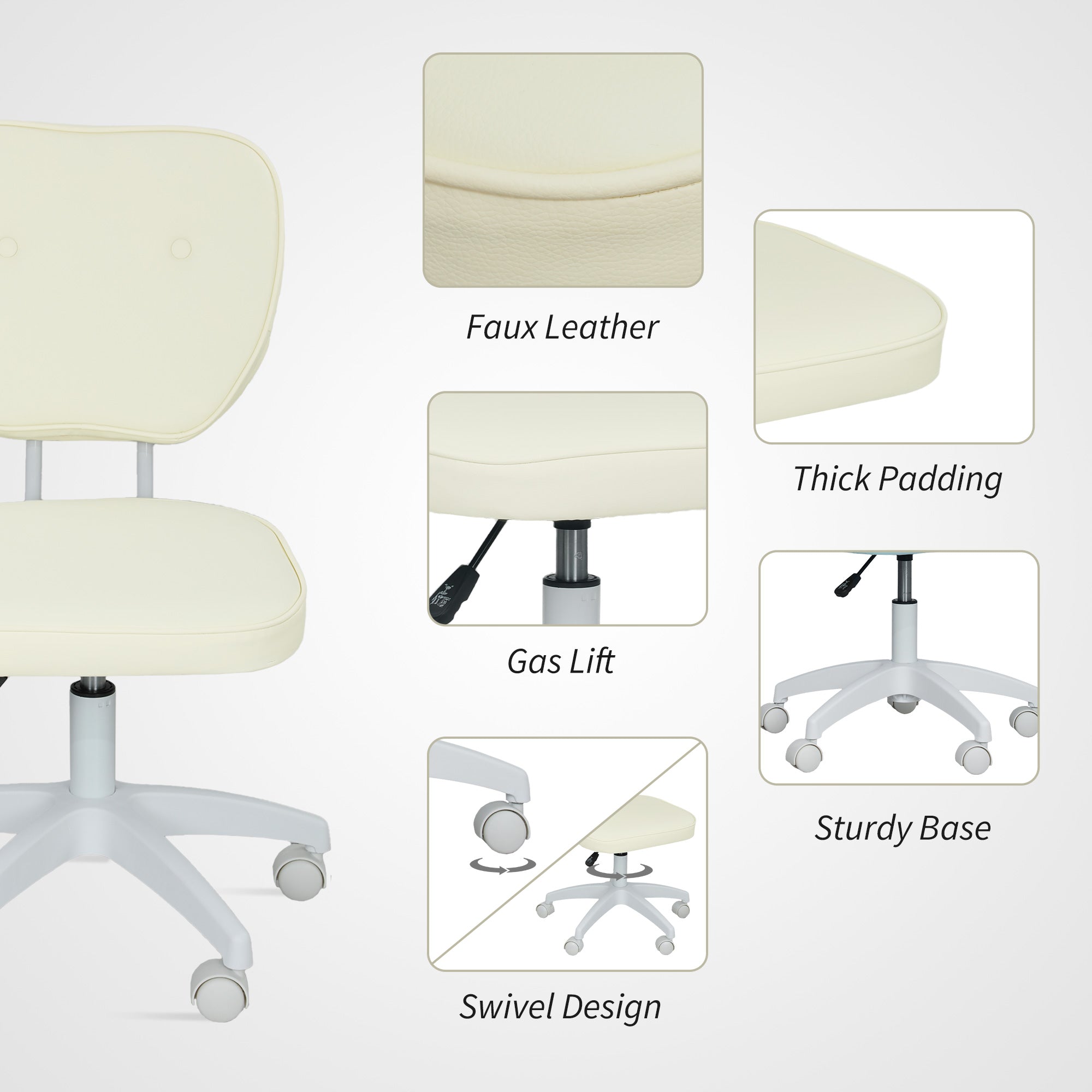 Vinsetto Vanity Office Chair, PU Leather Computer Chair for Home, with Adjustable Height, Armless, Swivel Wheels, Cream