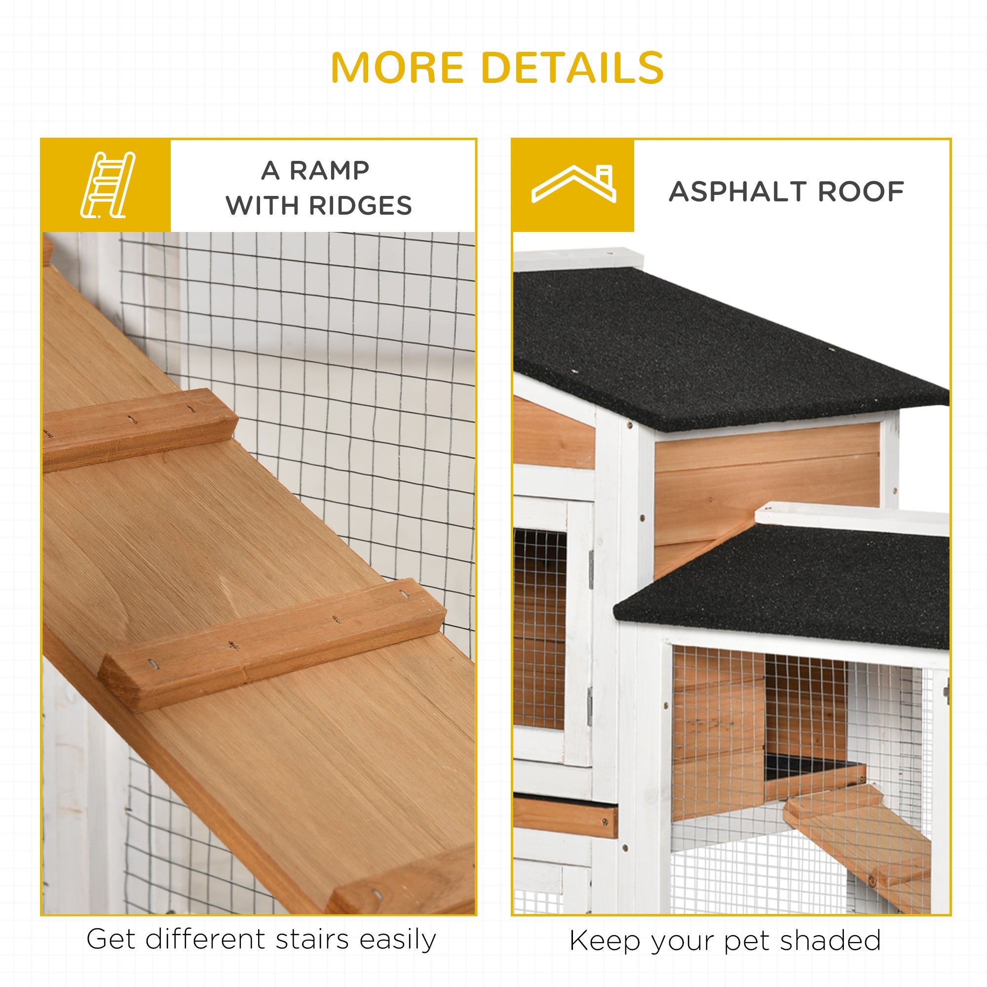 PawHut Rabbit Hutch Outdoor with Run Guinea Pig Hutch 2-Tier Bunny Cage w/ Wheels No-Leak Plastic Tray 157.4 x 53 x 99.5 cm - Yellow - North Peak Garden Furniture