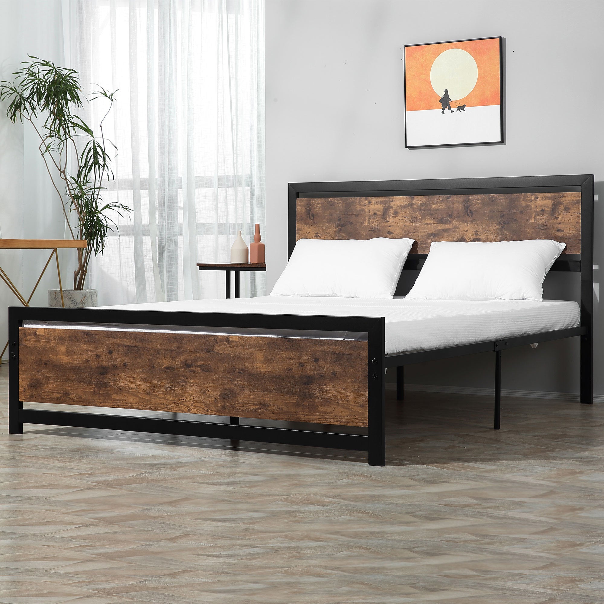 HOMCOM King Size Metal Bed Frame with Headboard & Footboard, Strong Slat Support Full Bed Frame w/ Underbed Storage Space, Bedroom Furniture For Adults - North Peak Garden Furniture
