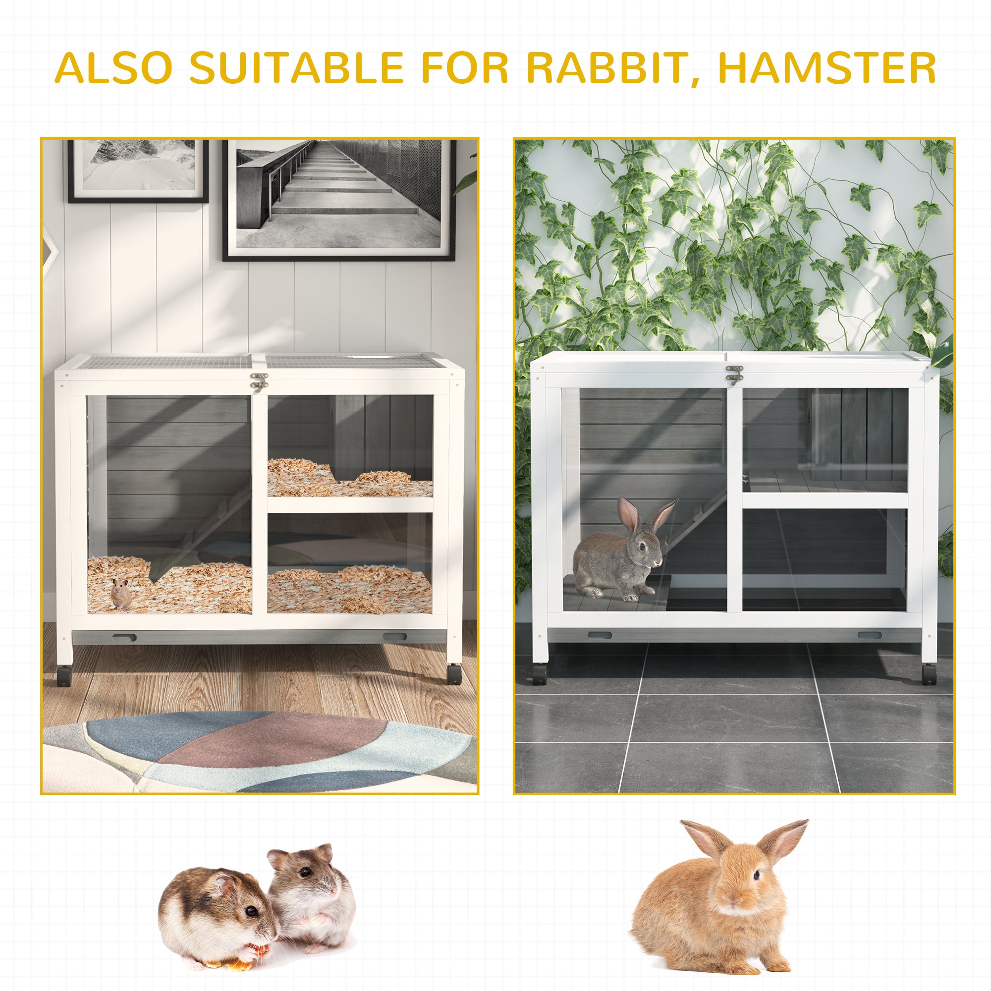 PawHut Wooden Rabbit Hutch Indoor with Wheels, Openable Roof, 91.5 x 53.3 x 73 cm, Grey