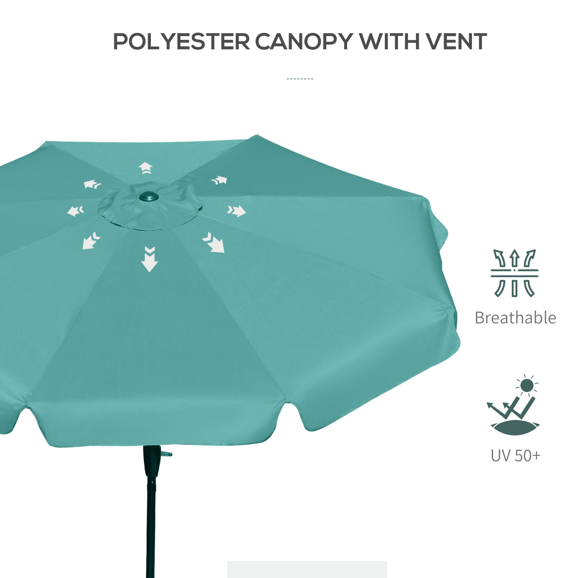 Outsunny 2.7m Patio Parasol Garden Umbrellas Outdoor Sun Shade Table Umbrella with Tilt, Crank, 8 Ribs, Ruffles, Green - North Peak Garden Furniture