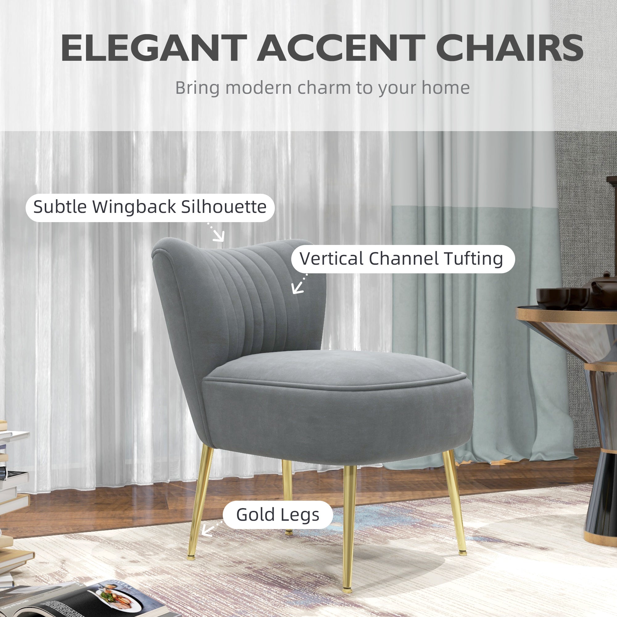 HOMCOM Velvet-Feel Tub Accent Chair - Grey - North Peak Garden Furniture