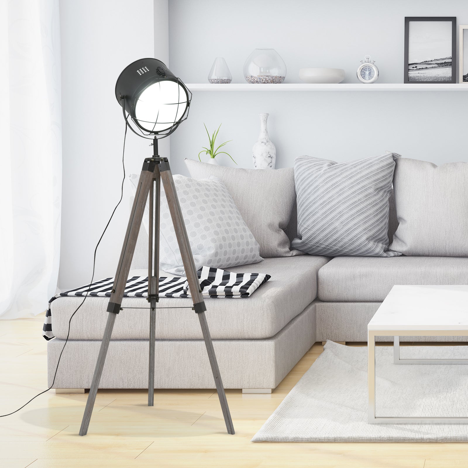 HOMCOM Industrial Style Adjustable Tripod Floor Lamp for Living Room Bedroom, Vintage Spotlight Reading Lamp with Wood Legs, 115-155cm, Grey