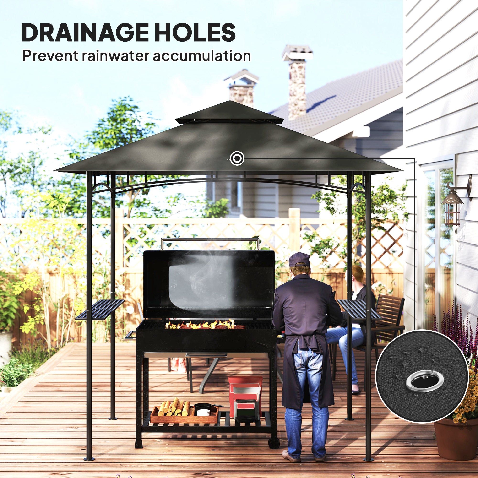 Outsunny 8' x 5' Grill Gazebo, Double Tiered BBQ Gazebo Shelter Canopy with LED Lights, 2 Side Shelves, Hooks, Dark Grey - North Peak Garden Furniture