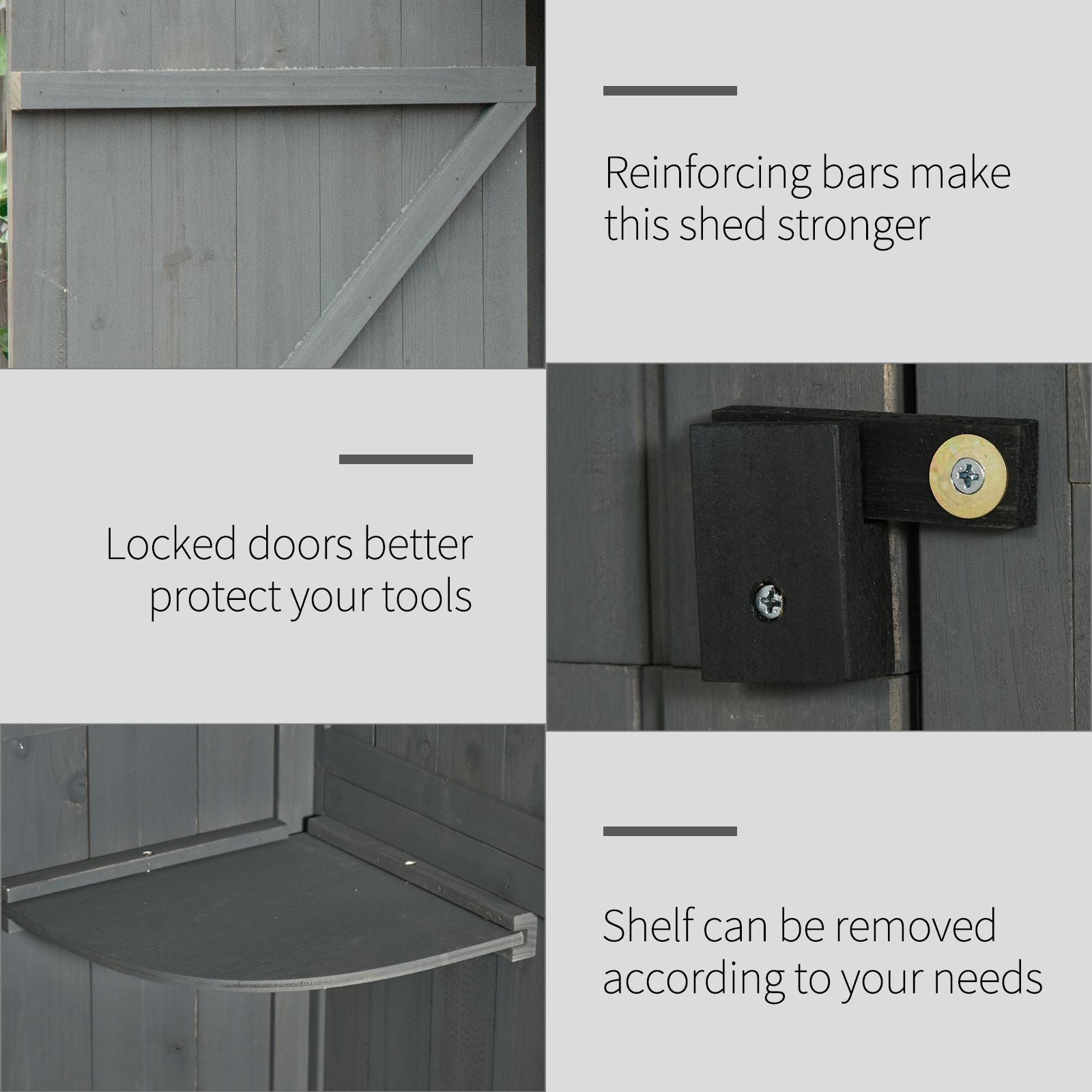 Outsunny Wooden Garden Shed, Utility Outdoor Small Shed with Lockable Double Doors, Shelves and Roof Hatch, Grey - North Peak Garden Furniture