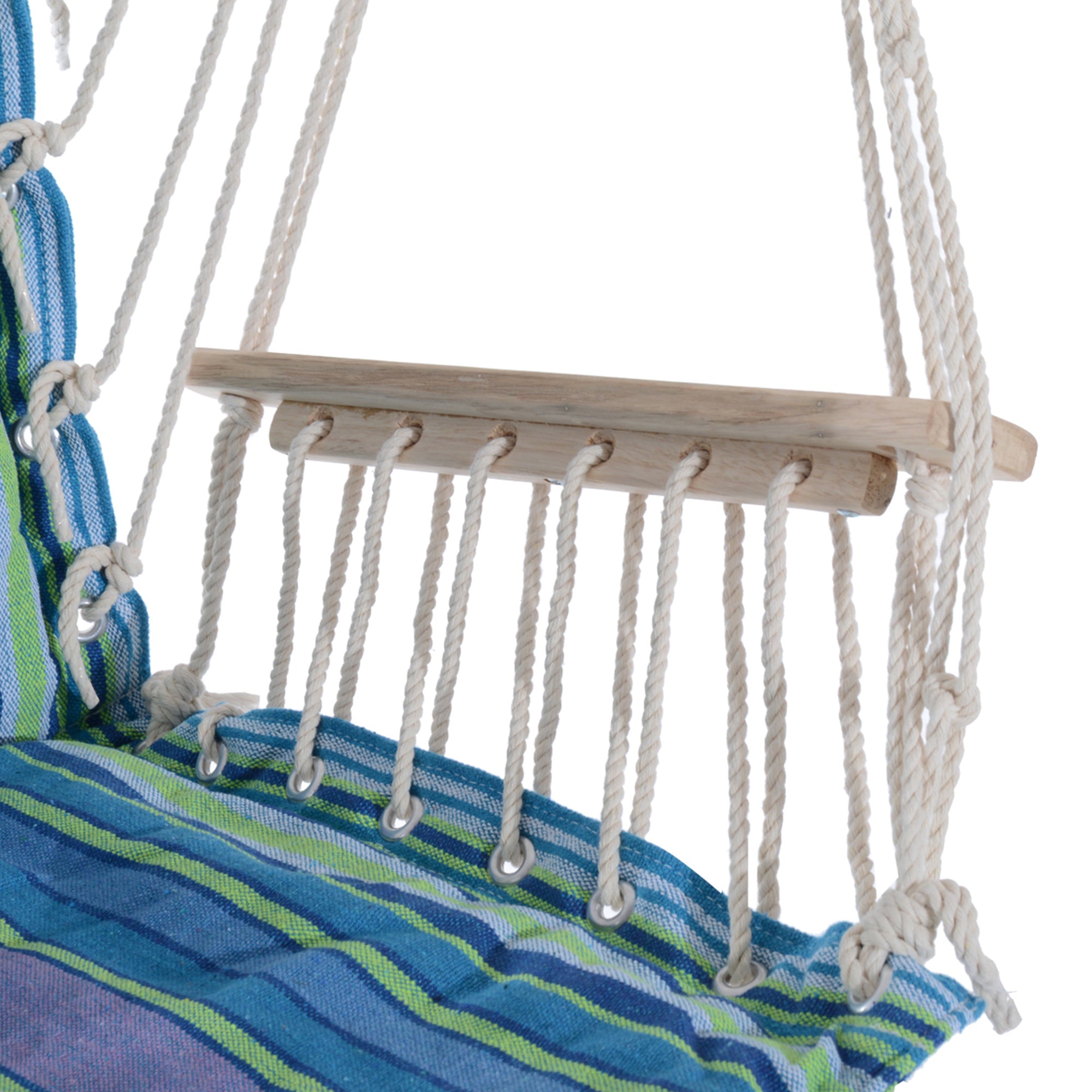 Outsunny Hanging Rope Chair with Soft Padded Seat & Backrest, Portable Garden Hammoc Chair with Wooden Support Bar, Armrests, Cotton Cloth, Footrest, for Patio & Tree, Blue - North Peak Garden Furniture