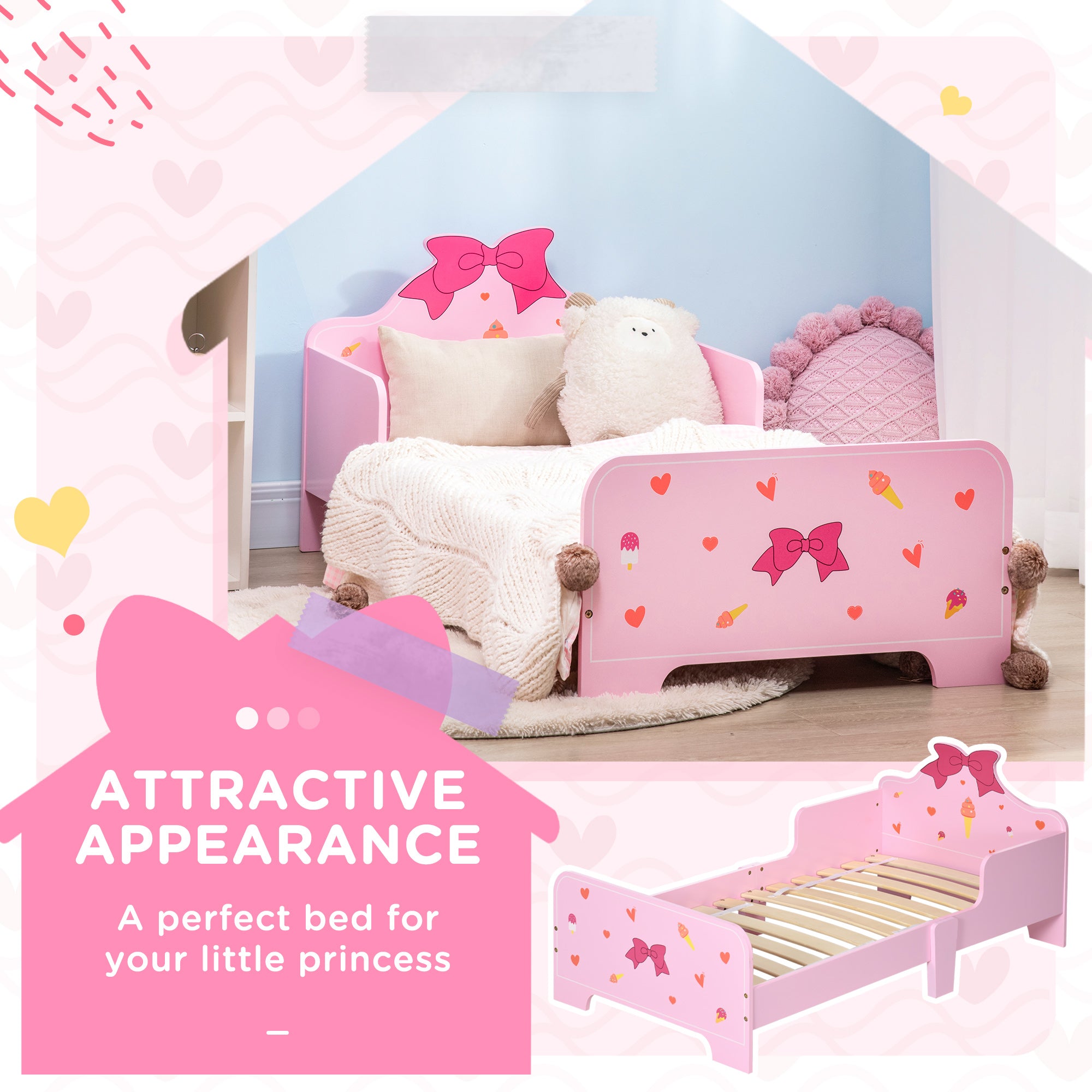 ZONEKIZ Princess-Themed Kids Toddler Bed w/ Cute Patterns, Safety Rails, for Ages 3-6 Years - Pink - North Peak Garden Furniture
