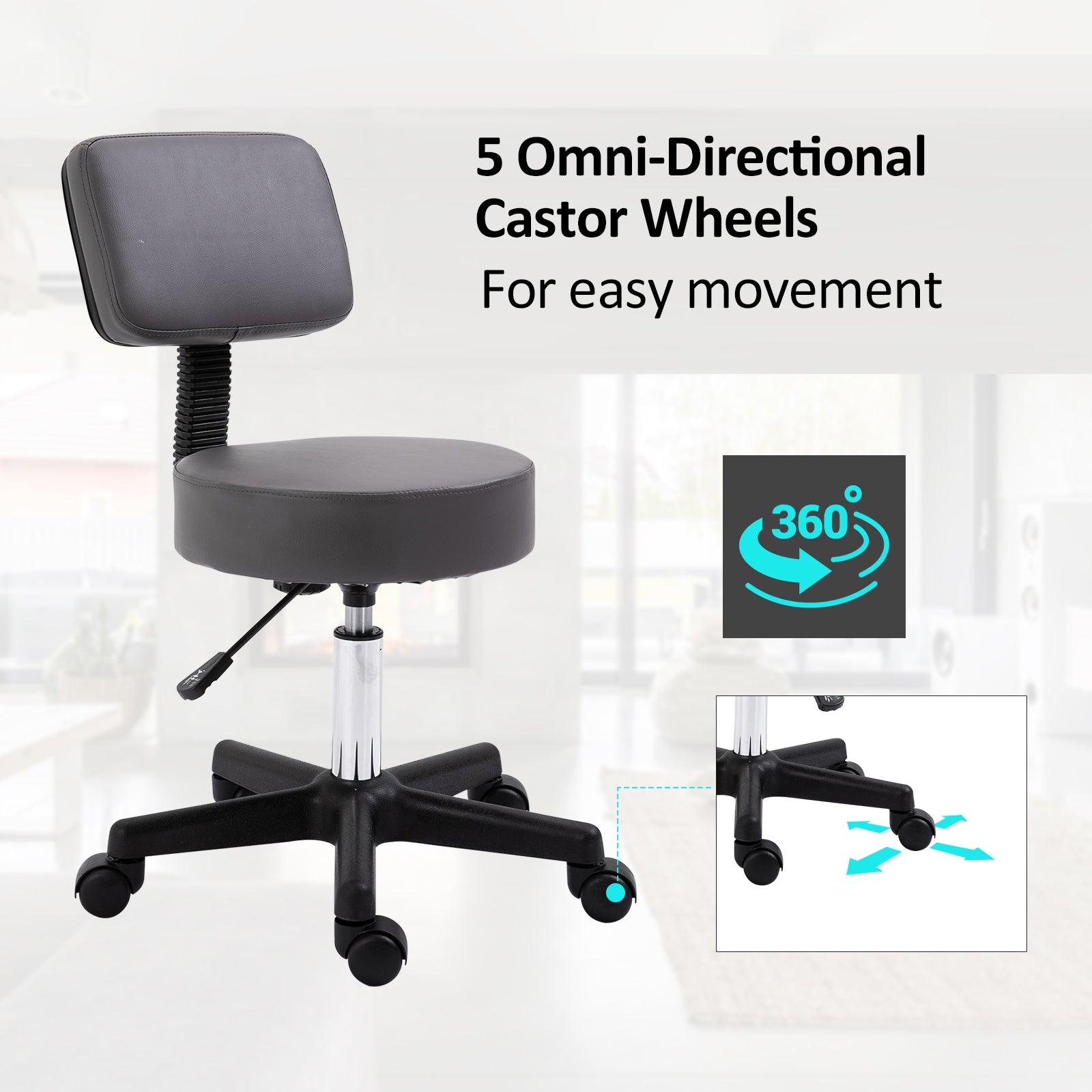 HOMCOM Beautician's Swivel Salon Chair w/ Padded Seat Back 5 Wheels Adjustable Height Salon Hairdressers Tattoo Spa Rolling Cushion Professional 35cm Grey - North Peak Garden Furniture