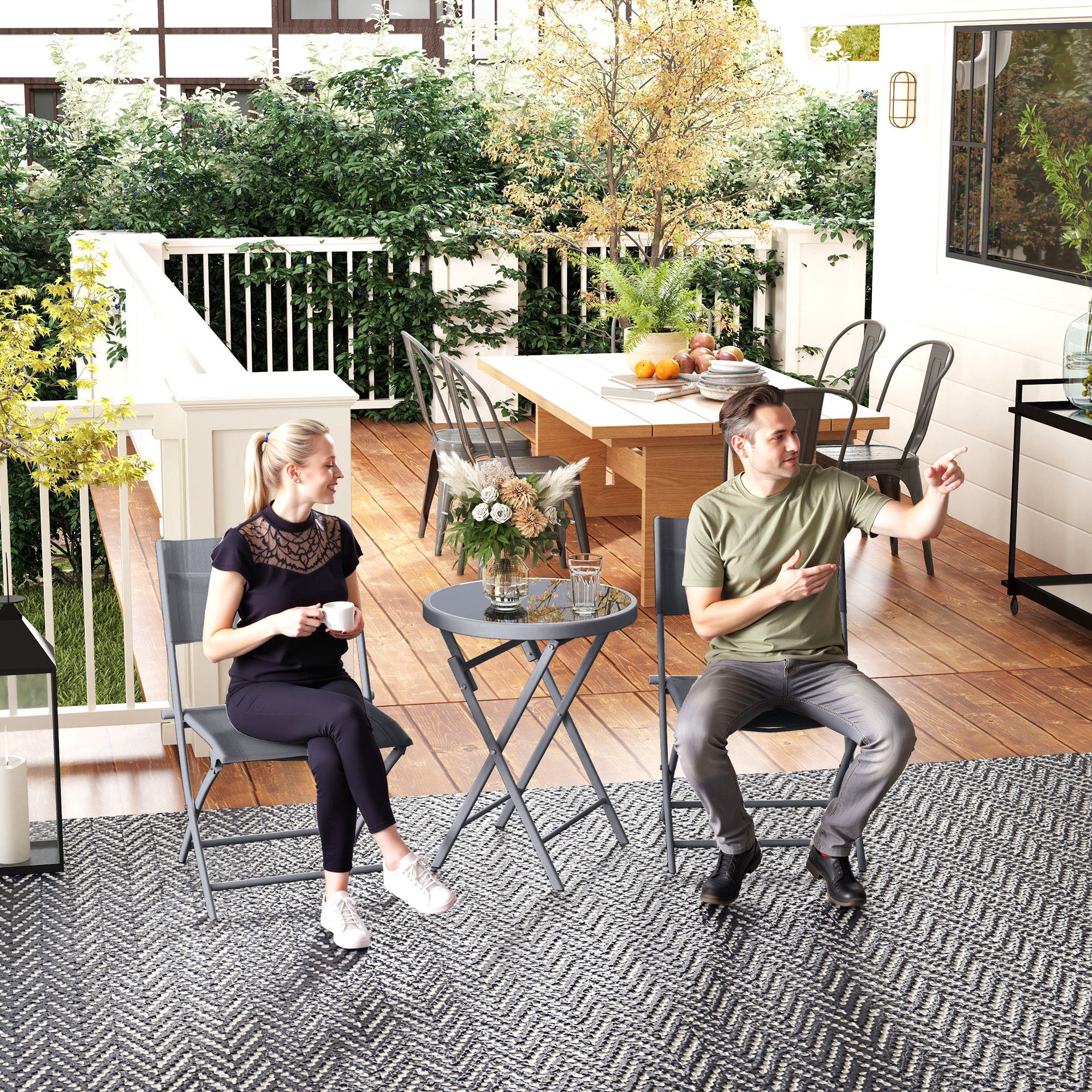 Outsunny 3 Pieces Outdoor Bistro Set, Glass Top Outdoor Table and 2 Folding Chairs with Protecting Feet, Grey - North Peak Garden Furniture