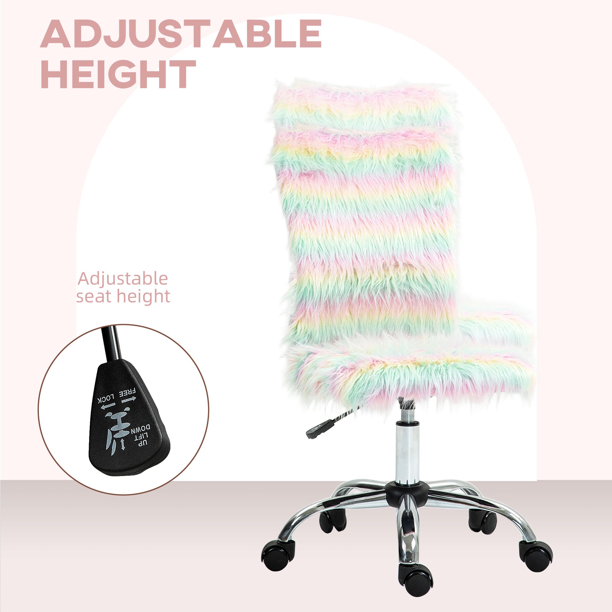 HOMCOM Armless Computer Desk Chair, Fluffy Fabric Swivel Office Chair, Makeup Vanity Chair with Height Adjustable, Wheels, for Home Study Bedroom, Multicolour - North Peak Garden Furniture