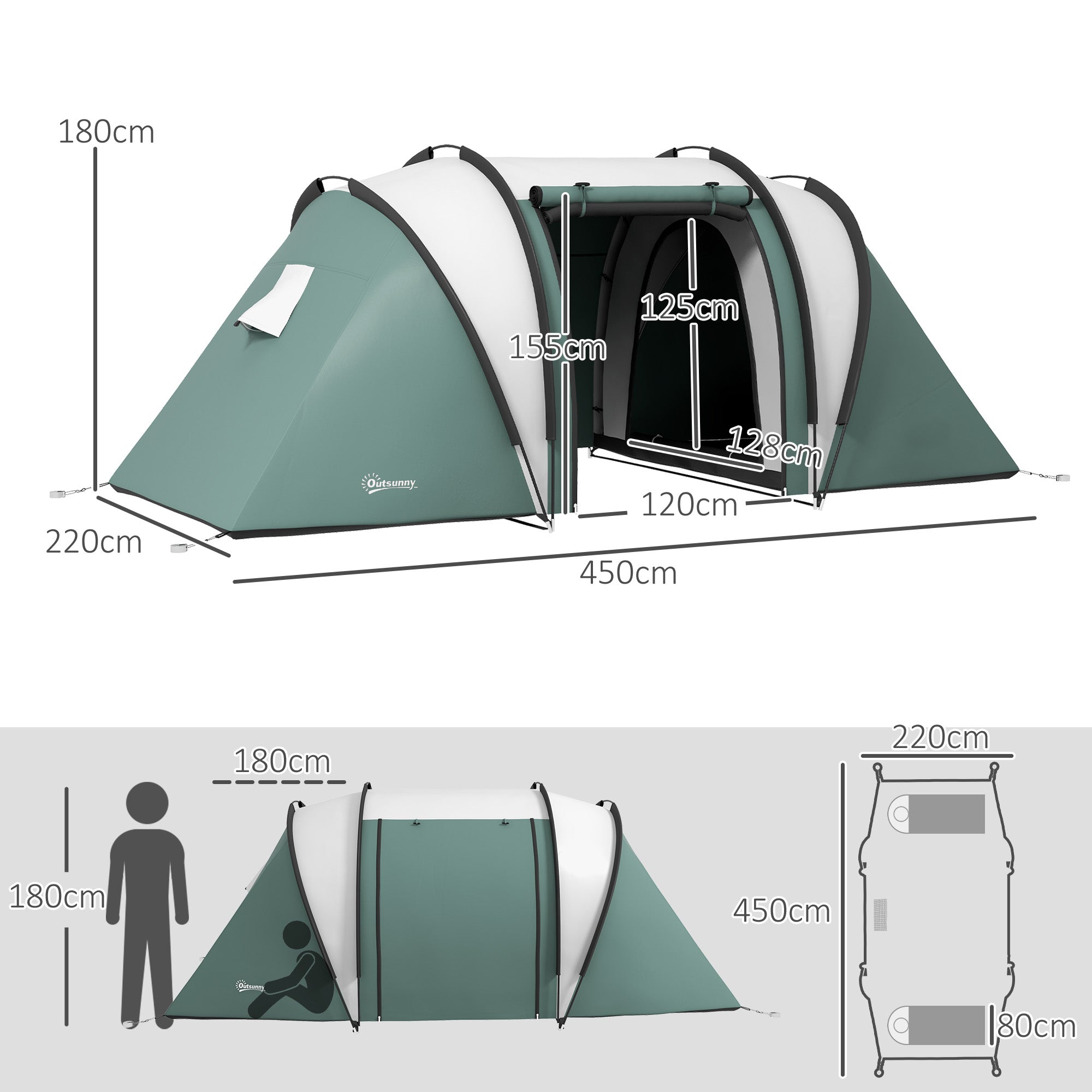 Outsunny Camping Tent with 2 Bedrooms and Living Area, 3000mm Waterproof Family Tent, for Fishing Hiking Festival, Dark Green - North Peak Garden Furniture