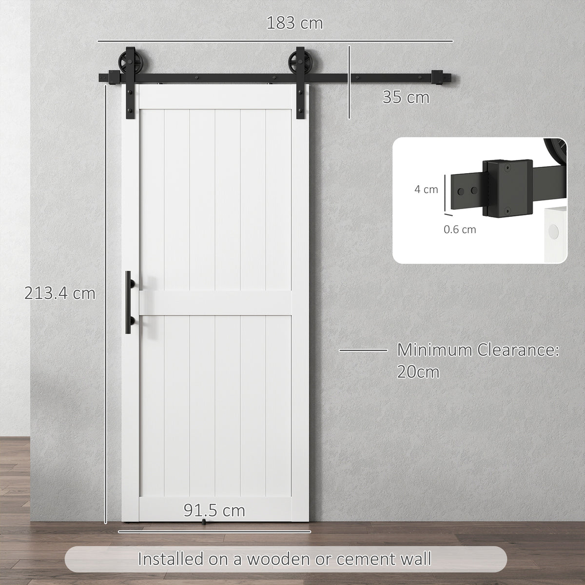 HOMCOM 183cm Sliding Barn Door Kit, Sliding Door with Track, Hardware, Upgraded Rollers and Floor Guide, Handle, White