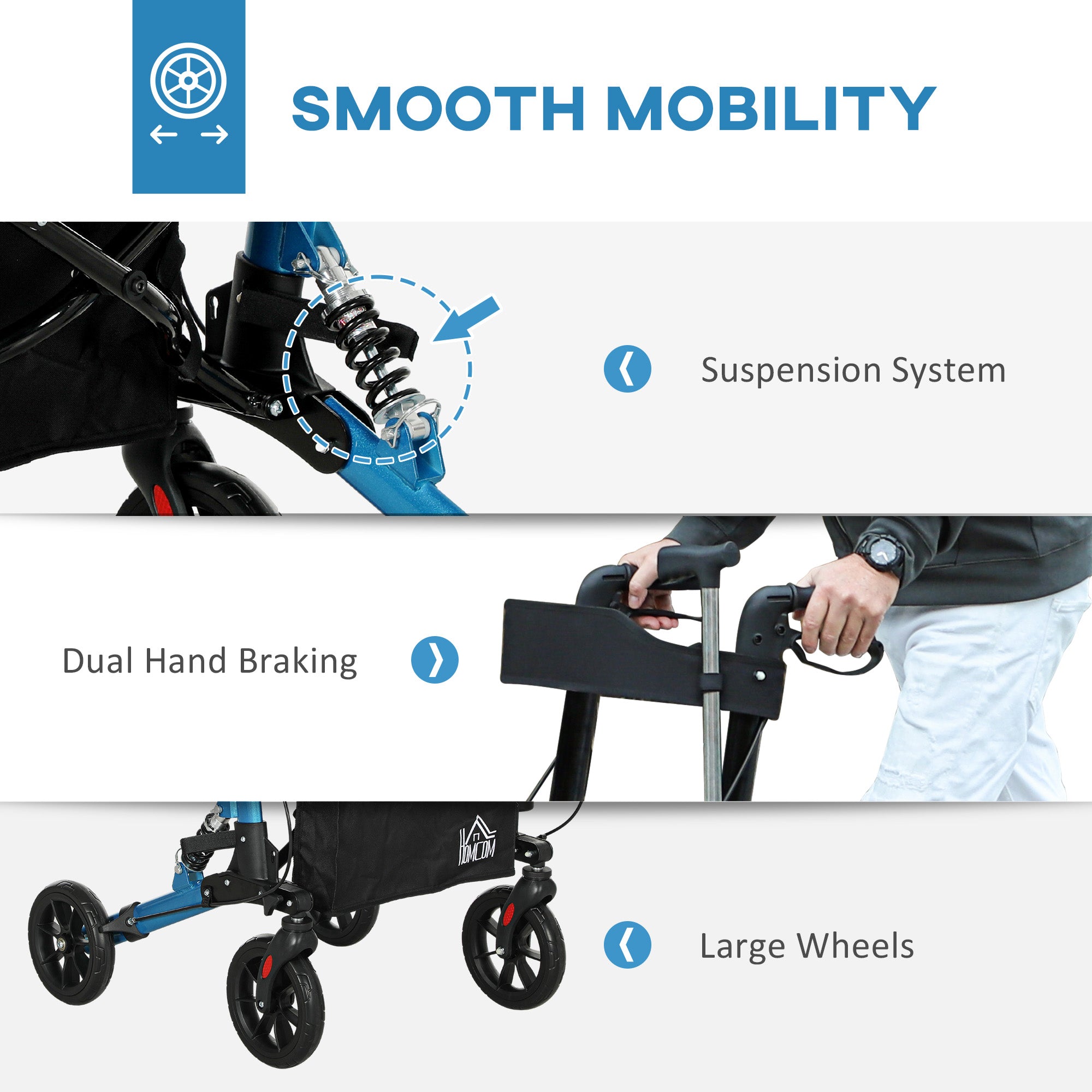 HOMCOM Folding Rollator Walker with Seat, Backrest, Lightweight Walking Frame with Storage Bag, Dual Brakes, Adjustable Handle Height, Suspension System, 4 Wheeled Walker for Seniors, Blue - North Peak Garden Furniture