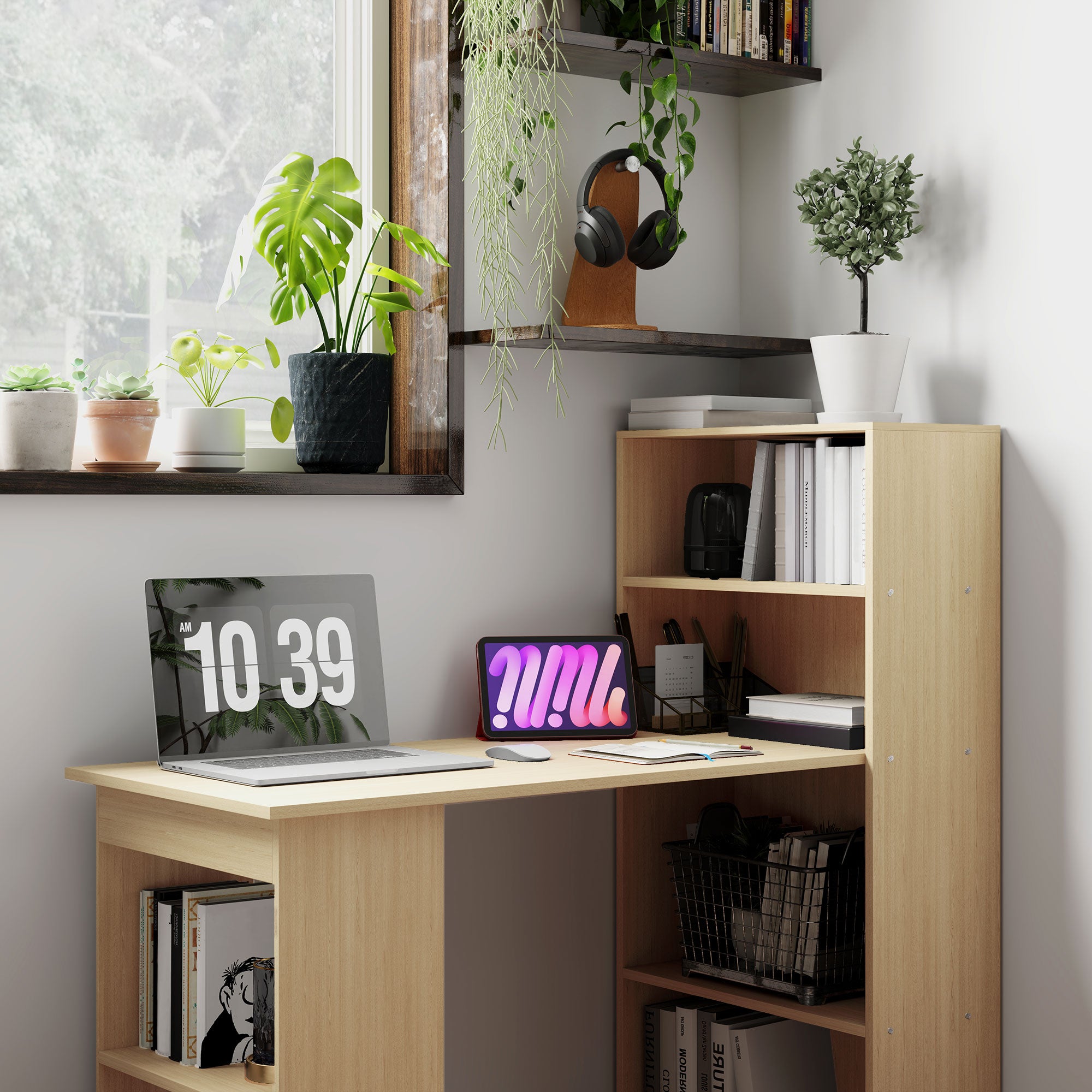 HOMCOM 120cm Modern Computer Desk Bookshelf Study Table Workstation PC Laptop Writing Home Office 6 Shelves, Natural Wood Finish - North Peak Garden Furniture