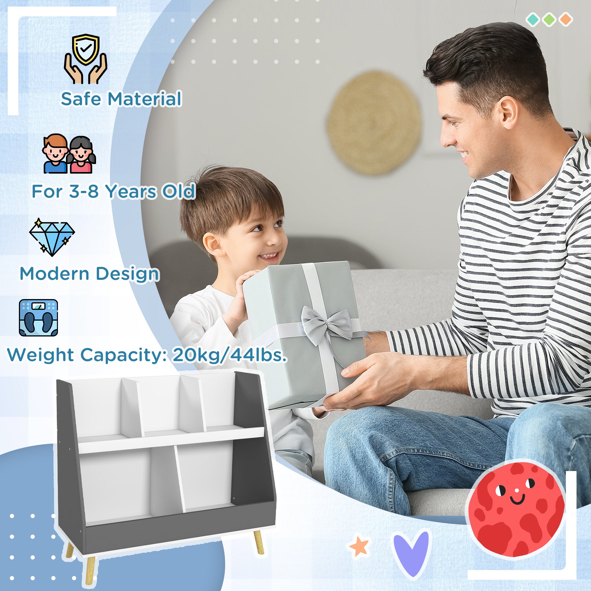 HOMCOM Two-Tier Kids Storage Shelf, with Five Compartments, Anti-Tip Device - Grey - North Peak Garden Furniture