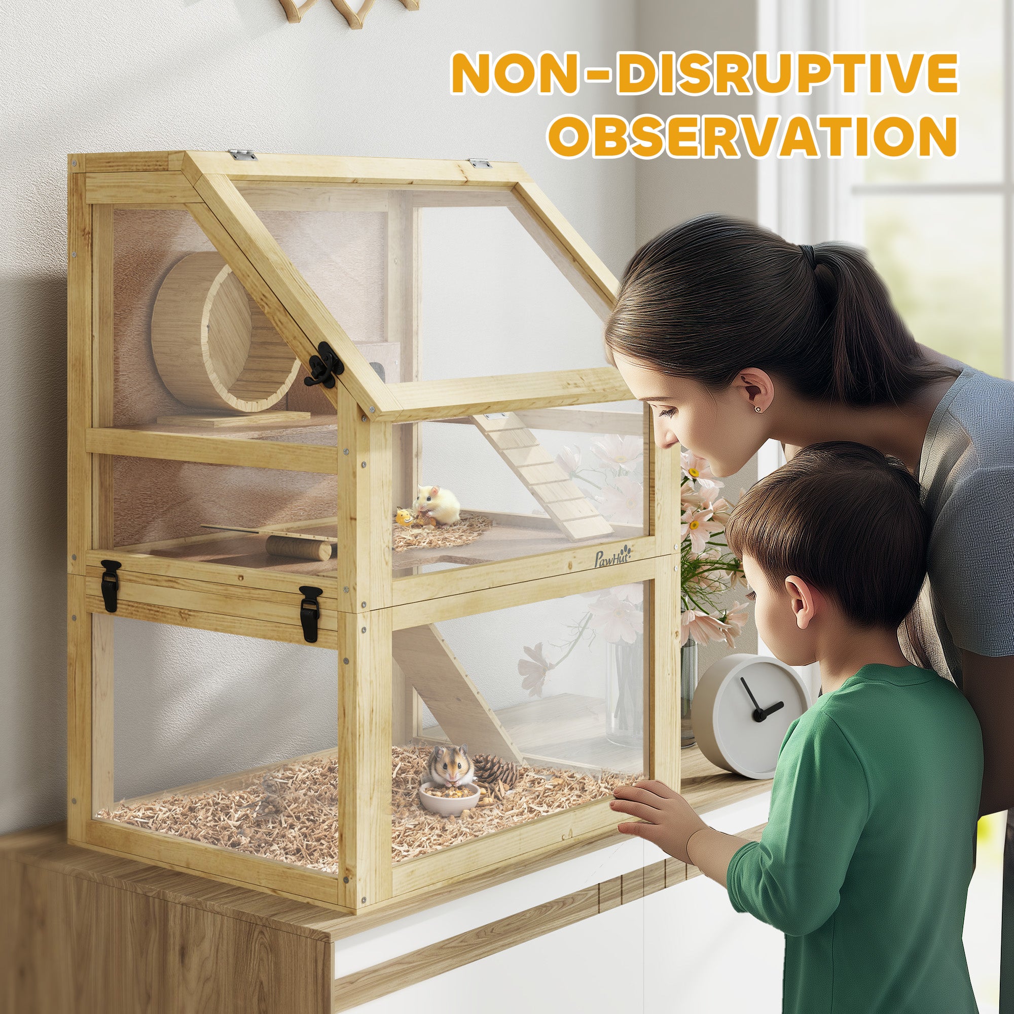 PawHut Wooden Hamster Cage with Detachable 32cm Deep Bottom, Hut, Seesaw, Exercise Wheel, Ramps, 60 x 40 x 75cm - North Peak Garden Furniture
