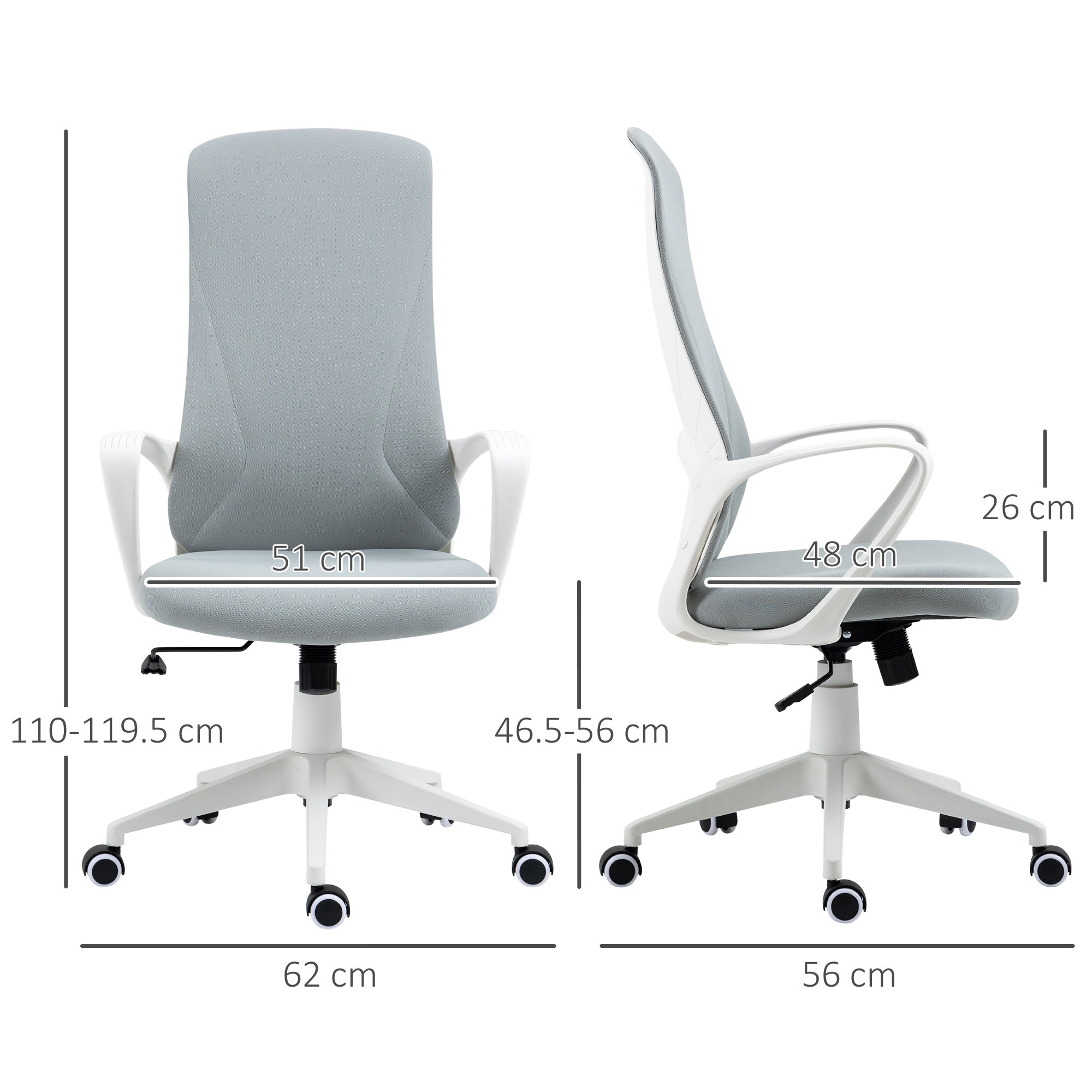 Vinsetto High Back Office Chair, Fabric Desk Chair with Armrests, Adjustable Height, Swivel Wheels, Light Grey - North Peak Garden Furniture